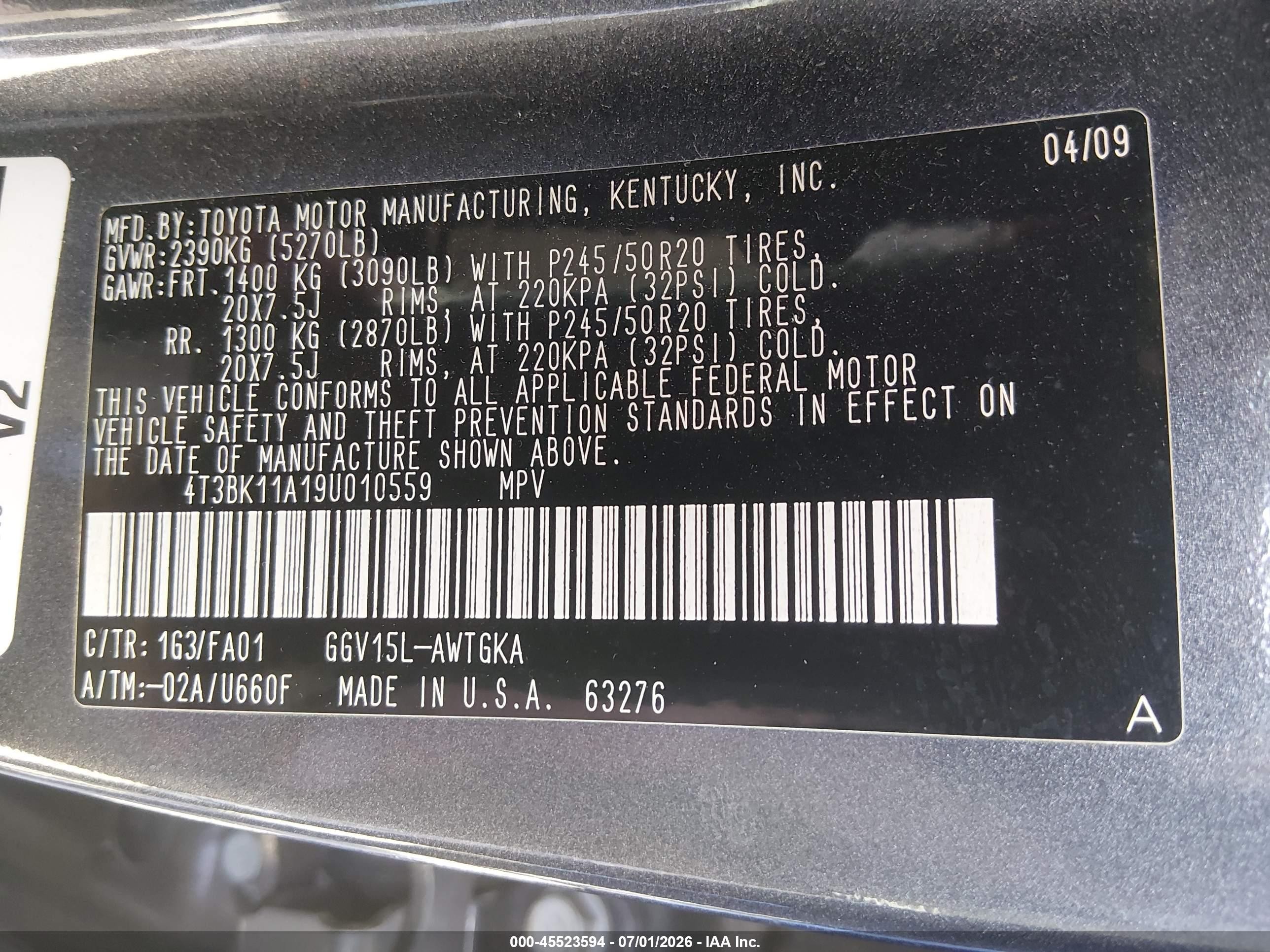 2009 Toyota Venza Base V6 Gray vin: 4T3BK11A19U010559