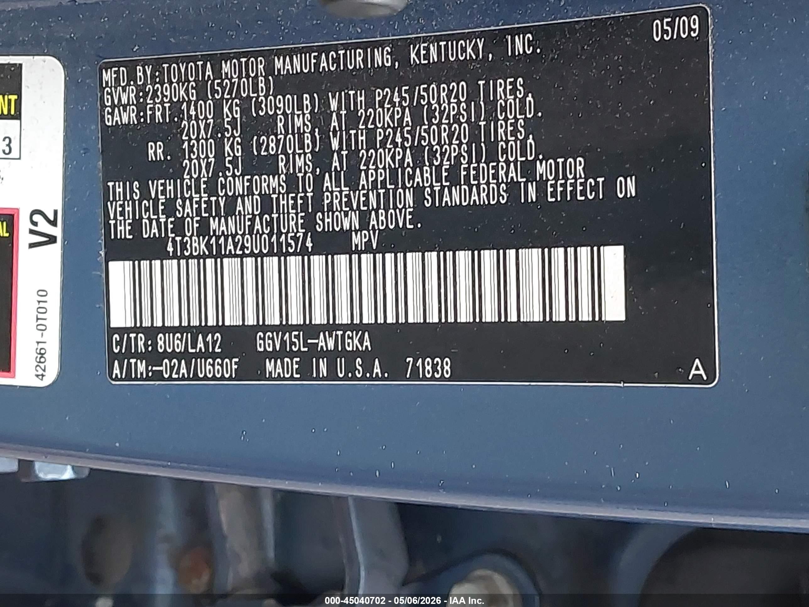 2009 Toyota Venza Base V6 Blue vin: 4T3BK11A29U011574