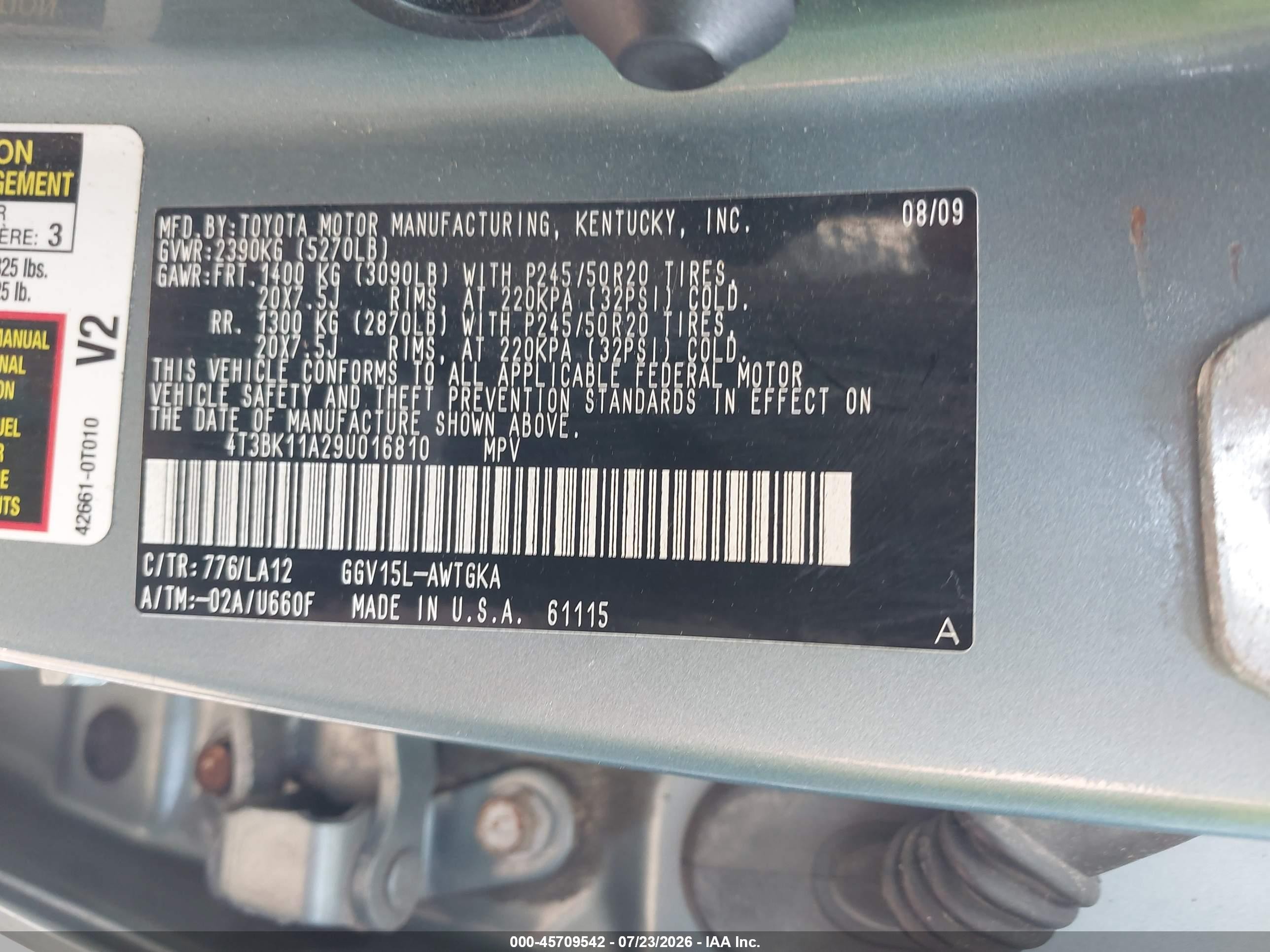 2009 Toyota Venza Base V6 Green vin: 4T3BK11A29U016810