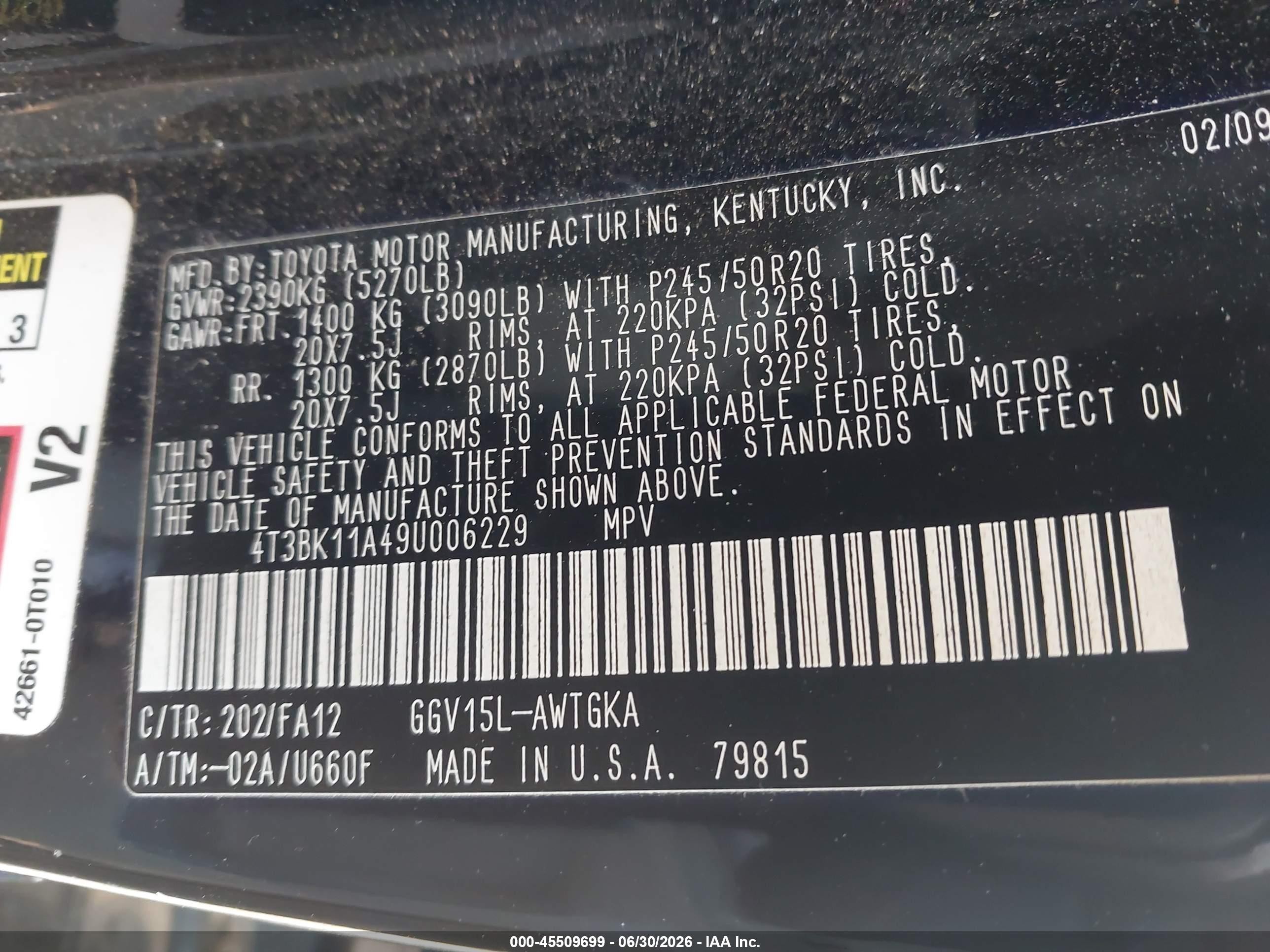 2009 Toyota Venza Base V6 Black vin: 4T3BK11A49U006229