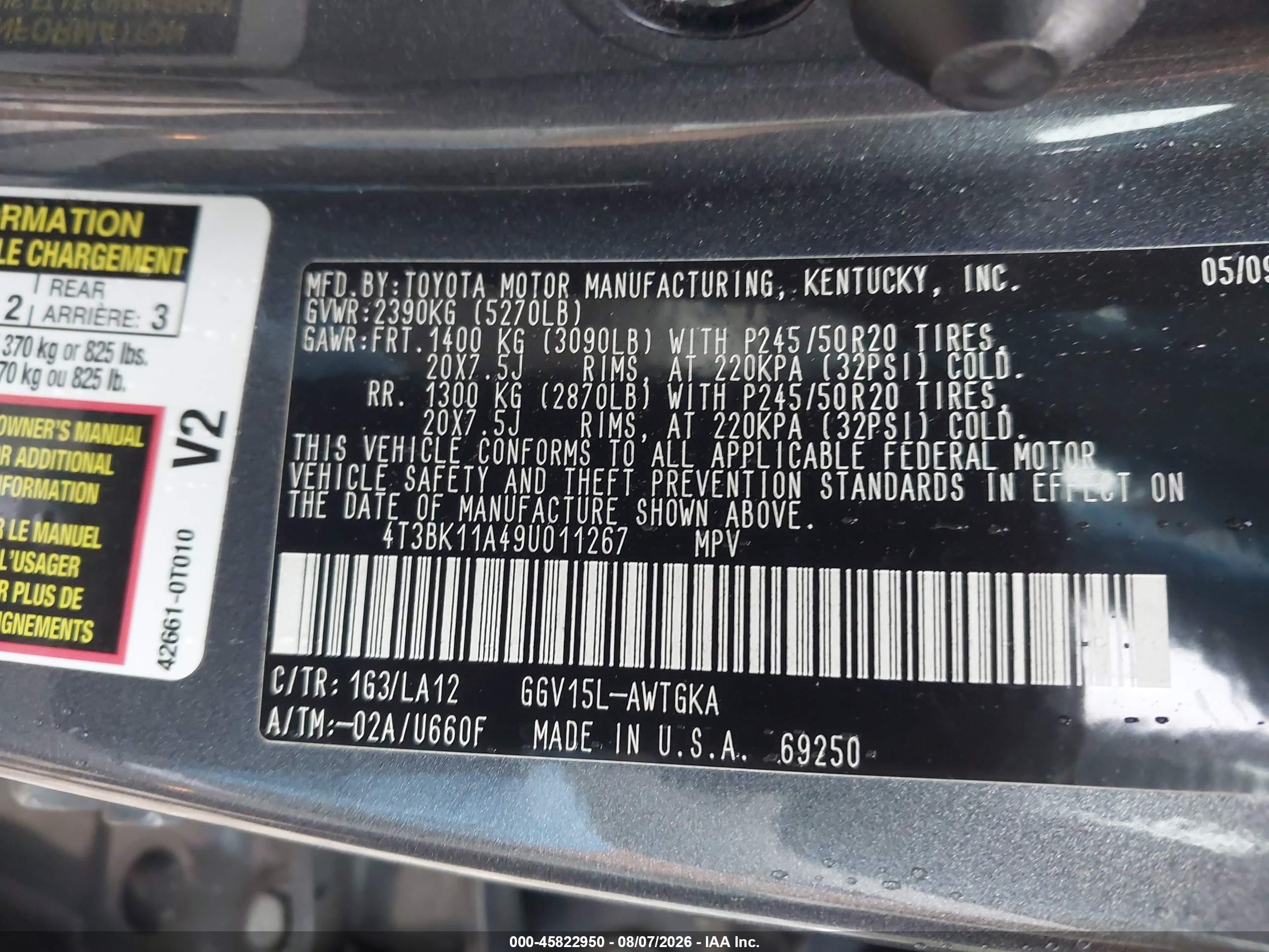 2009 Toyota Venza Base V6 Gray vin: 4T3BK11A49U011267