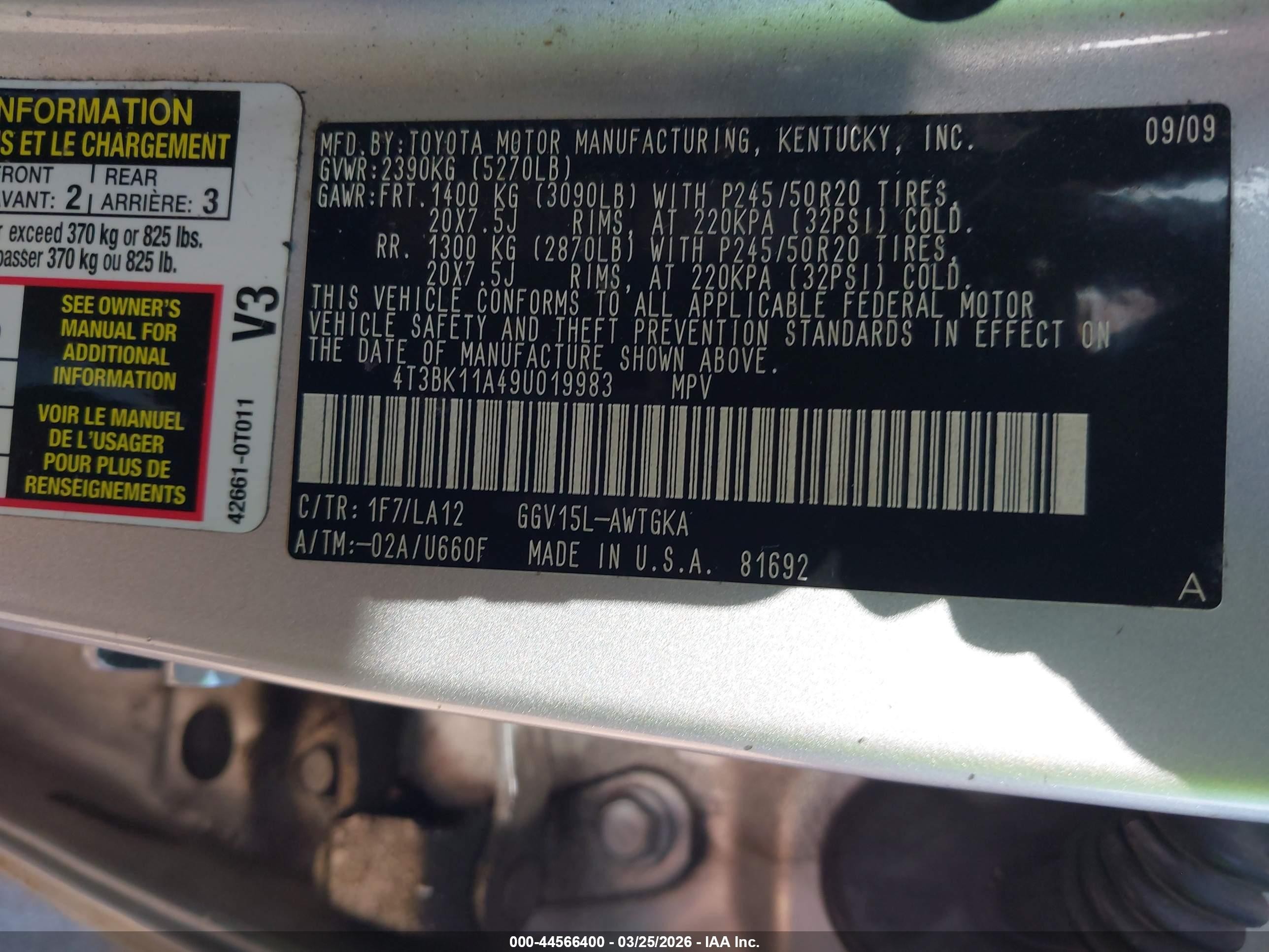 2009 Toyota Venza Base V6 Silver vin: 4T3BK11A49U019983