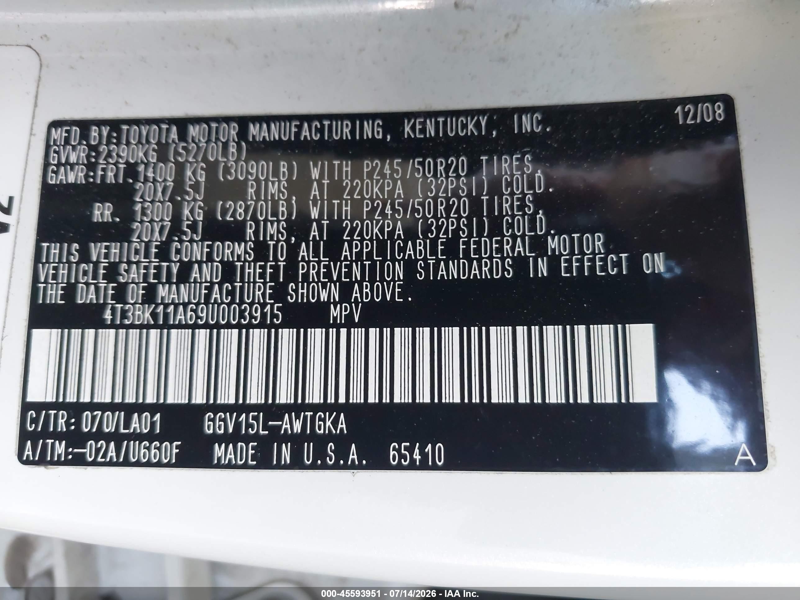 2009 Toyota Venza Base V6 White vin: 4T3BK11A69U003915