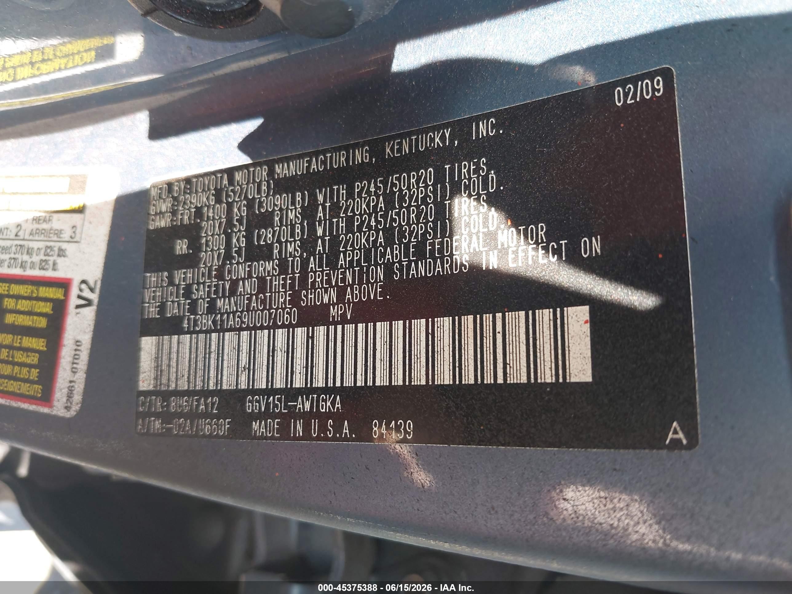 2009 Toyota Venza Base V6 Blue vin: 4T3BK11A69U007060
