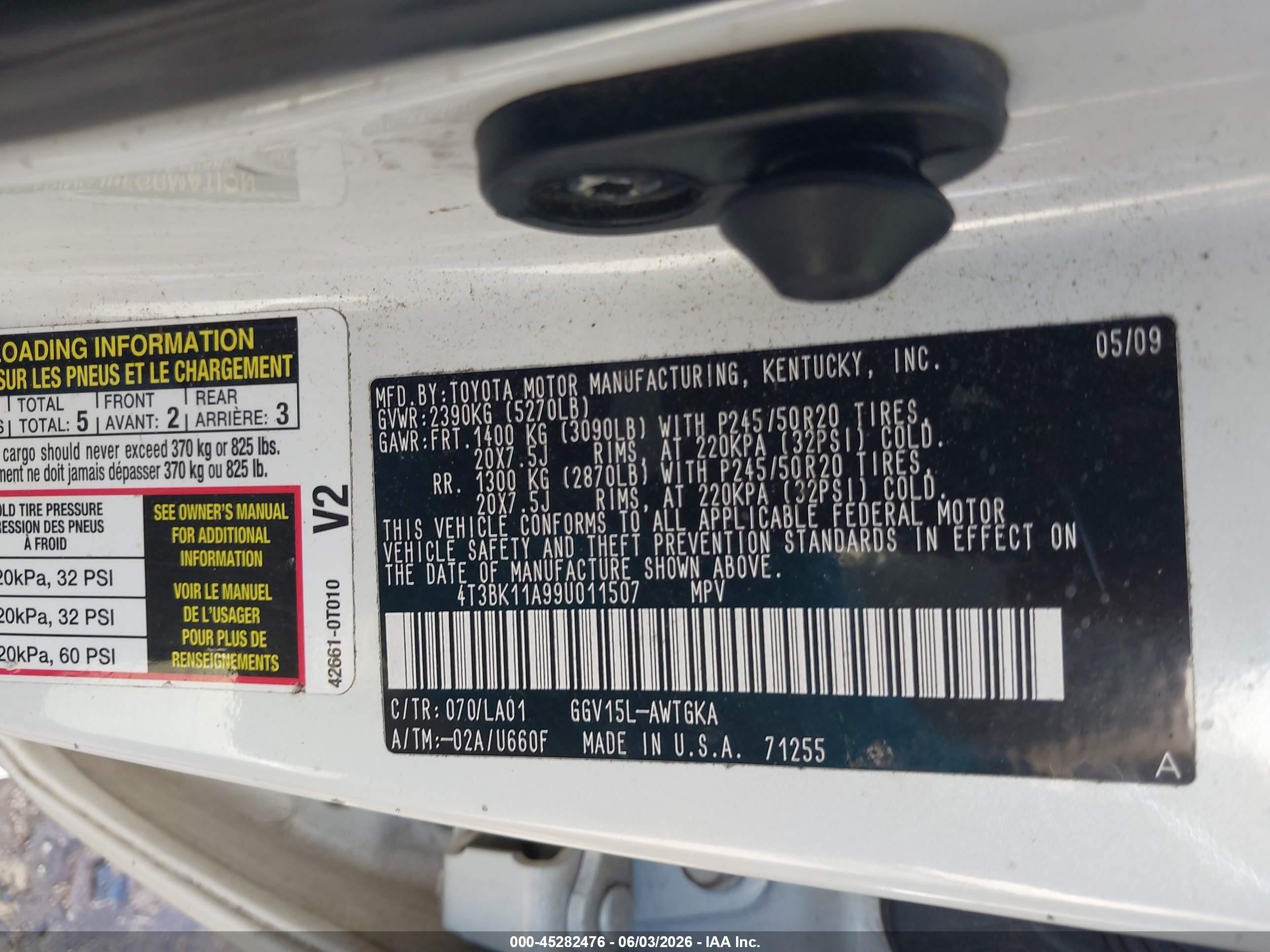 2009 Toyota Venza Base V6 White vin: 4T3BK11A99U011507