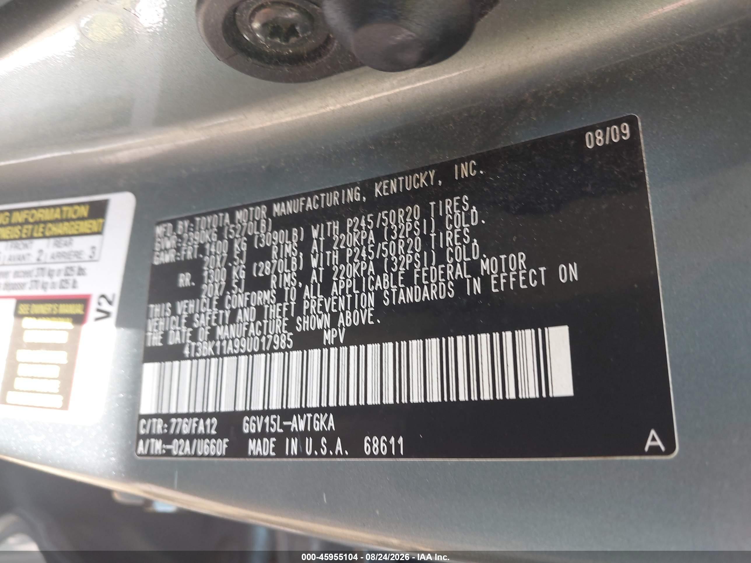 2009 Toyota Venza Base V6 Зеленый vin: 4T3BK11A99U017985