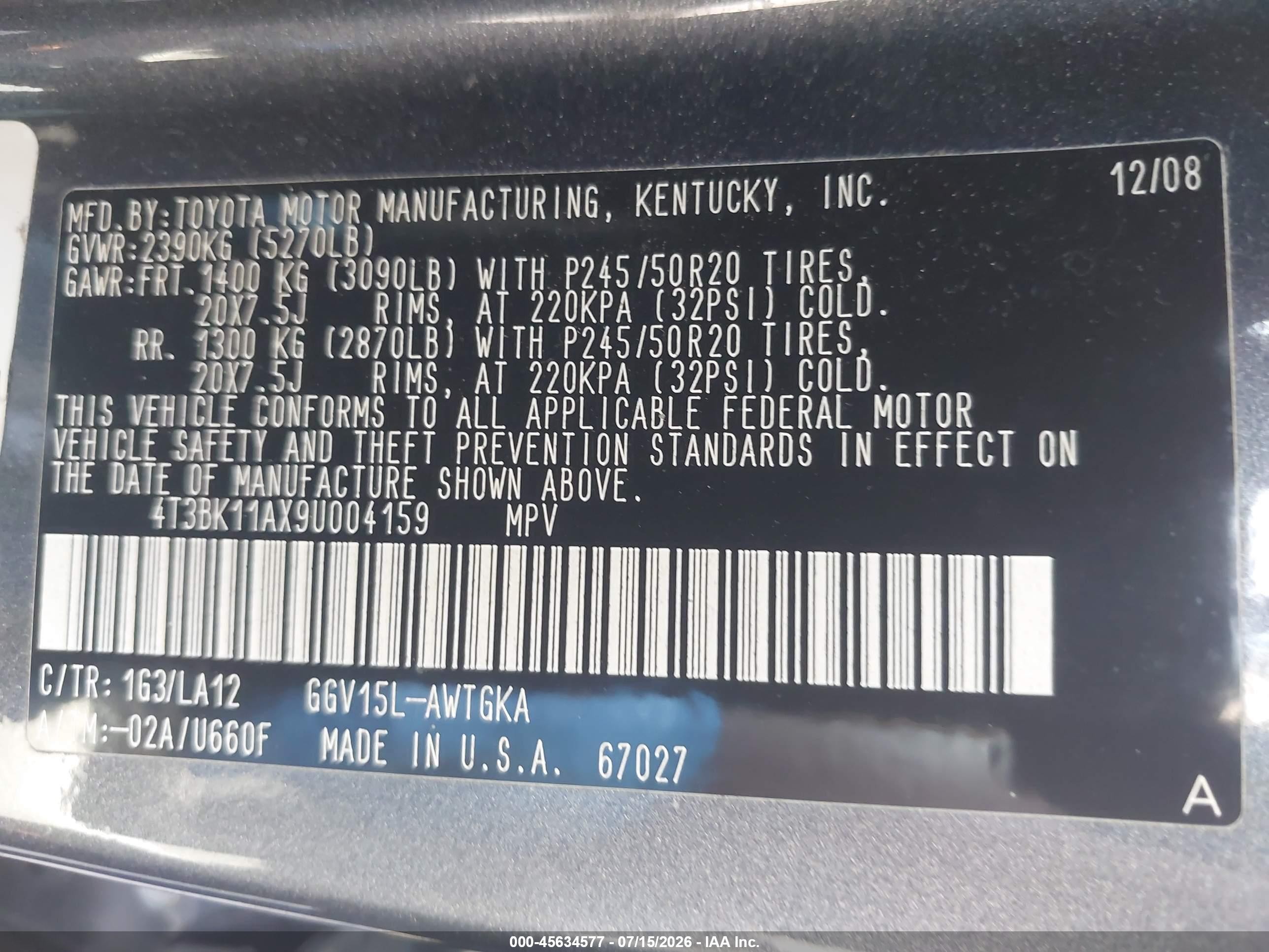 2009 Toyota Venza Base V6 Gray vin: 4T3BK11AX9U004159