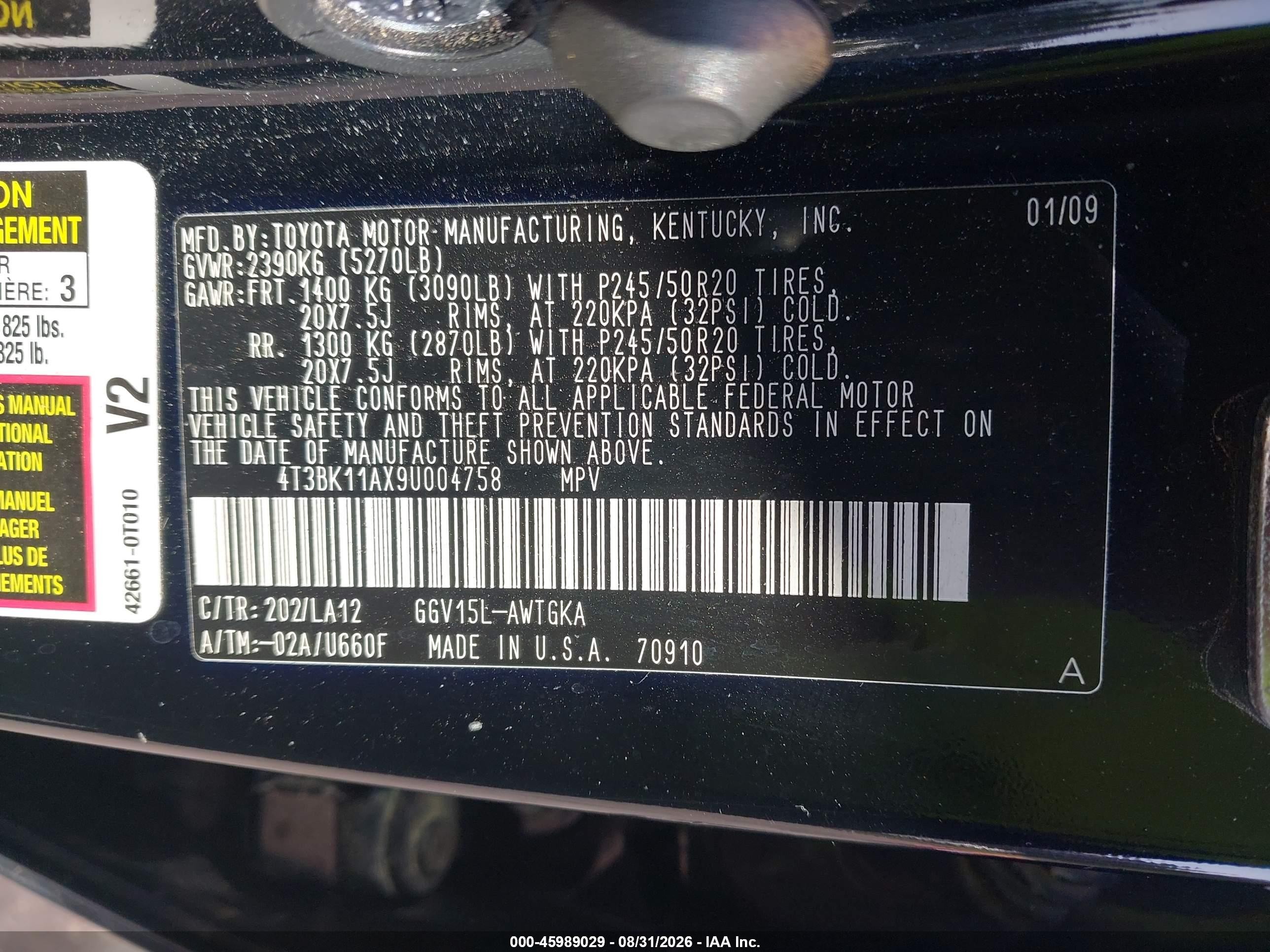 2009 Toyota Venza Base V6 Black vin: 4T3BK11AX9U004758