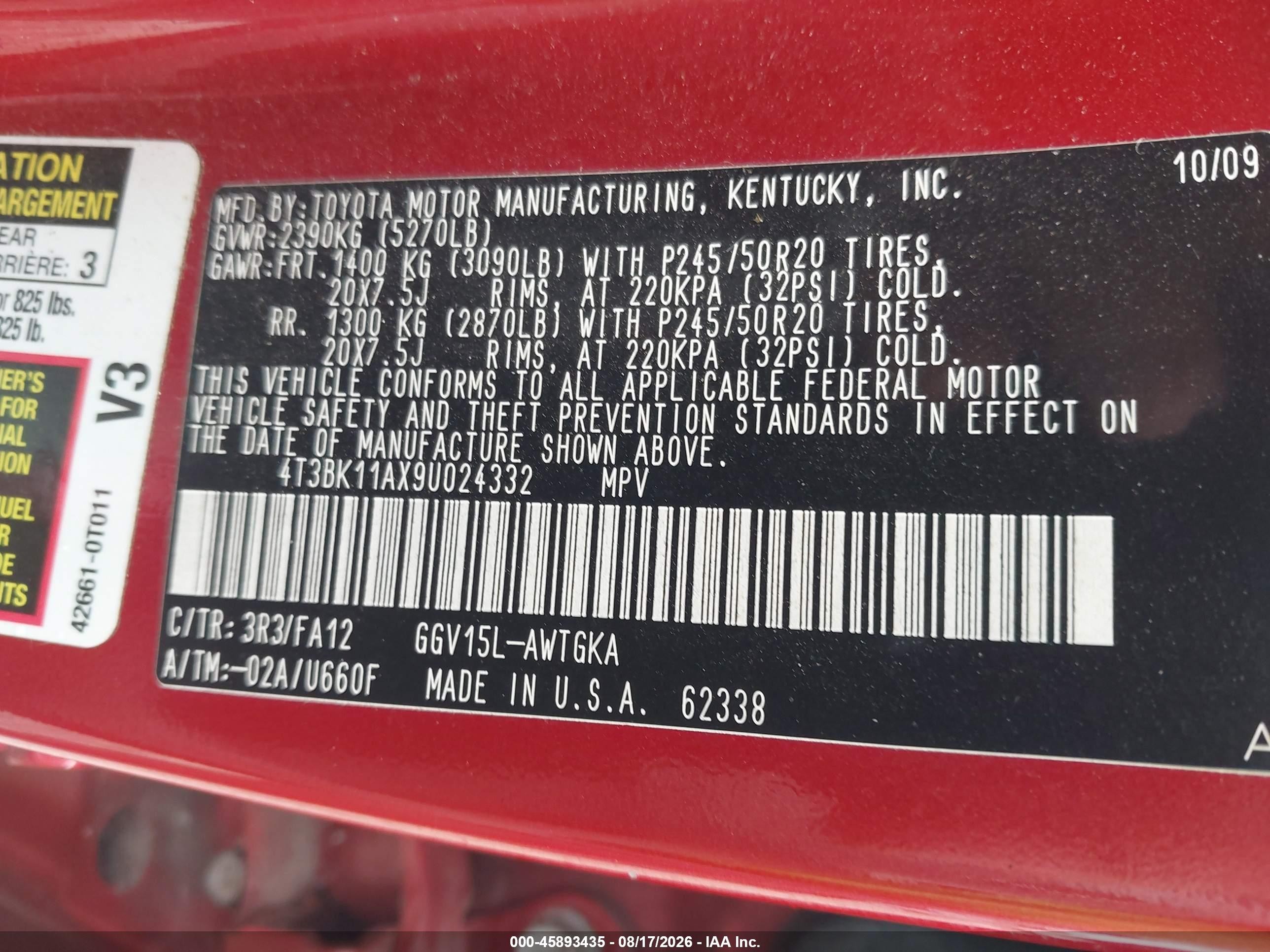 2009 Toyota Venza Base V6 Red vin: 4T3BK11AX9U024332