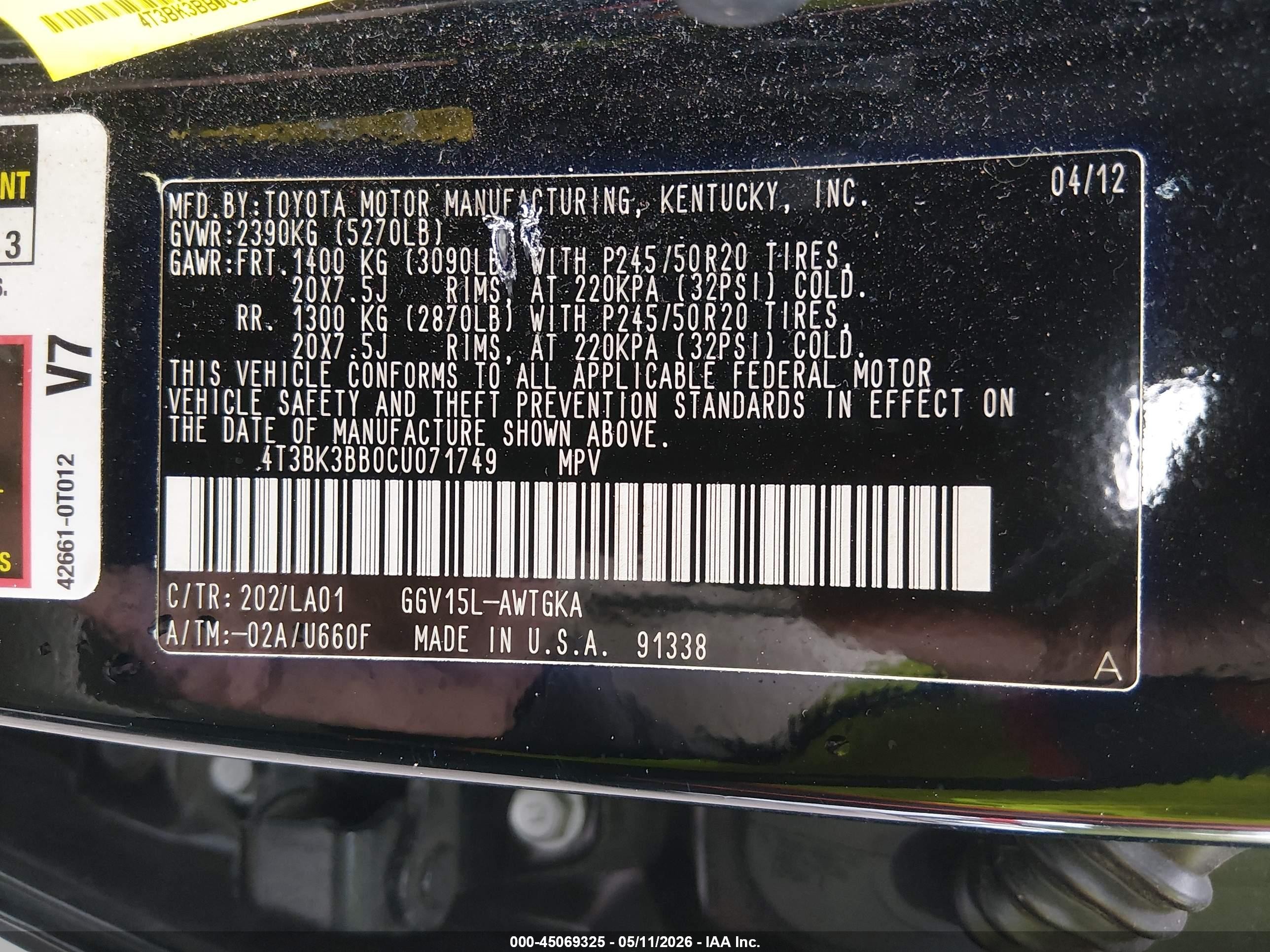 2012 Toyota Venza Limited V6 Black vin: 4T3BK3BB0CU071749