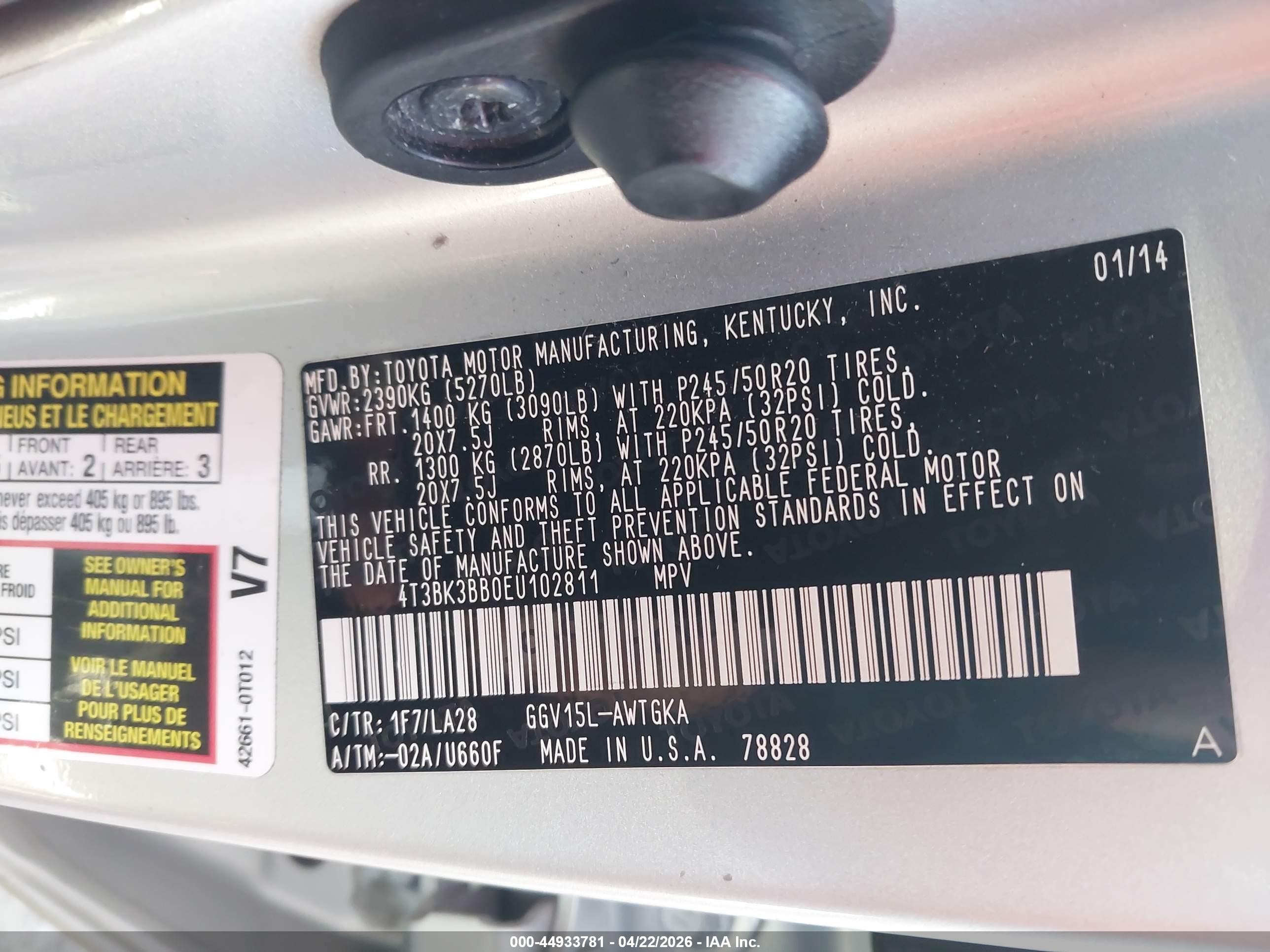 2014 Toyota Venza Limited V6 Silver vin: 4T3BK3BB0EU102811