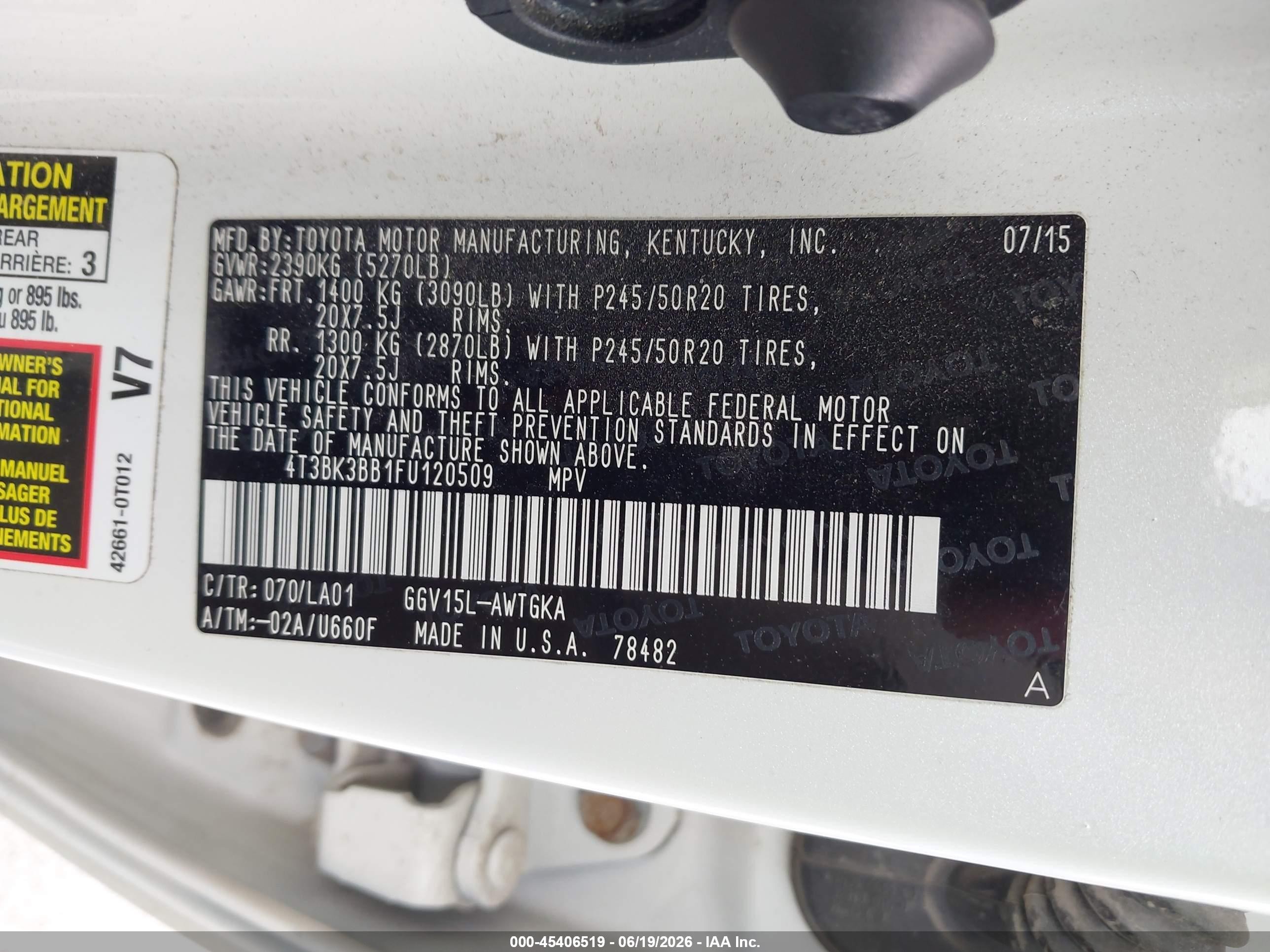 2015 Toyota Venza Limited V6 White vin: 4T3BK3BB1FU120509