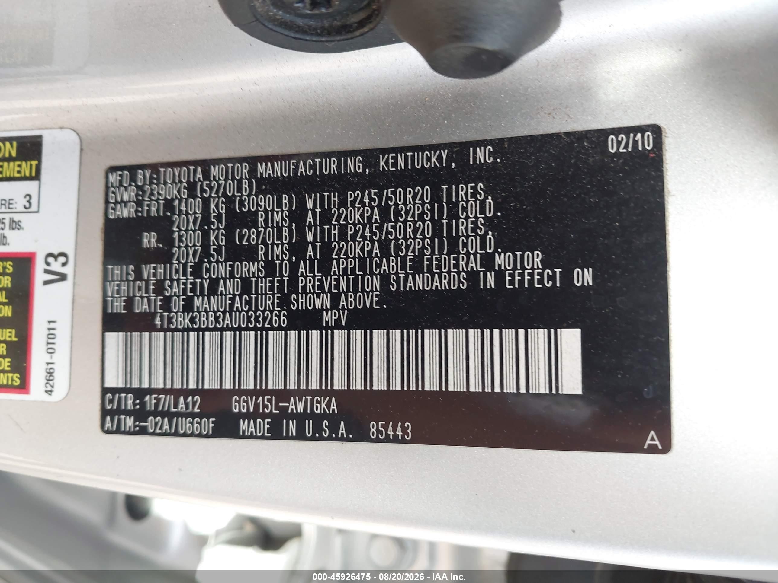2010 Toyota Venza Base V6 Silver vin: 4T3BK3BB3AU033266