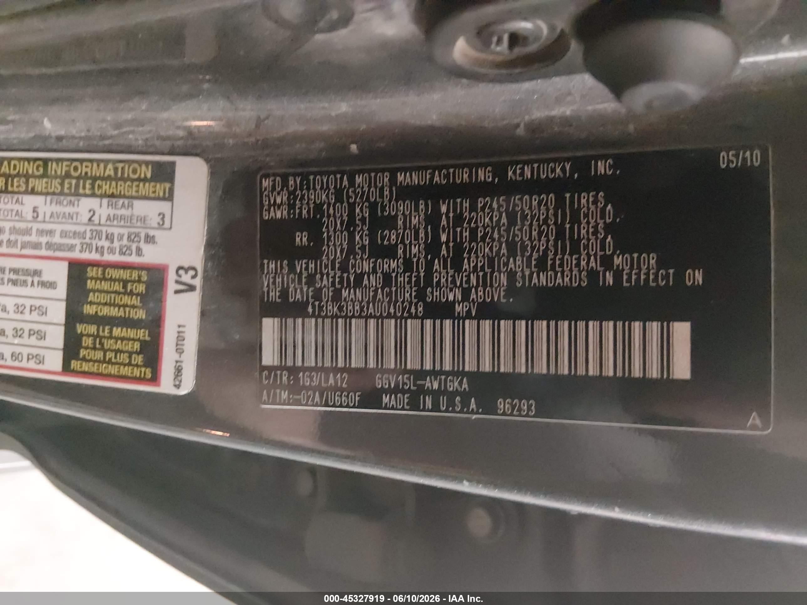 2010 Toyota Venza Base V6 Gray vin: 4T3BK3BB3AU040248