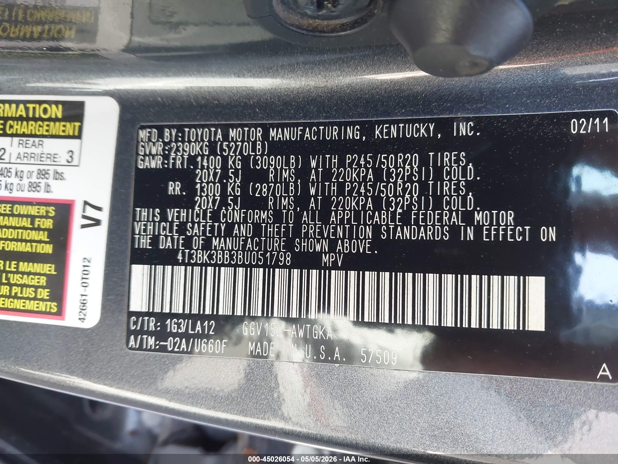2011 Toyota Venza Base V6 Gray vin: 4T3BK3BB3BU051798