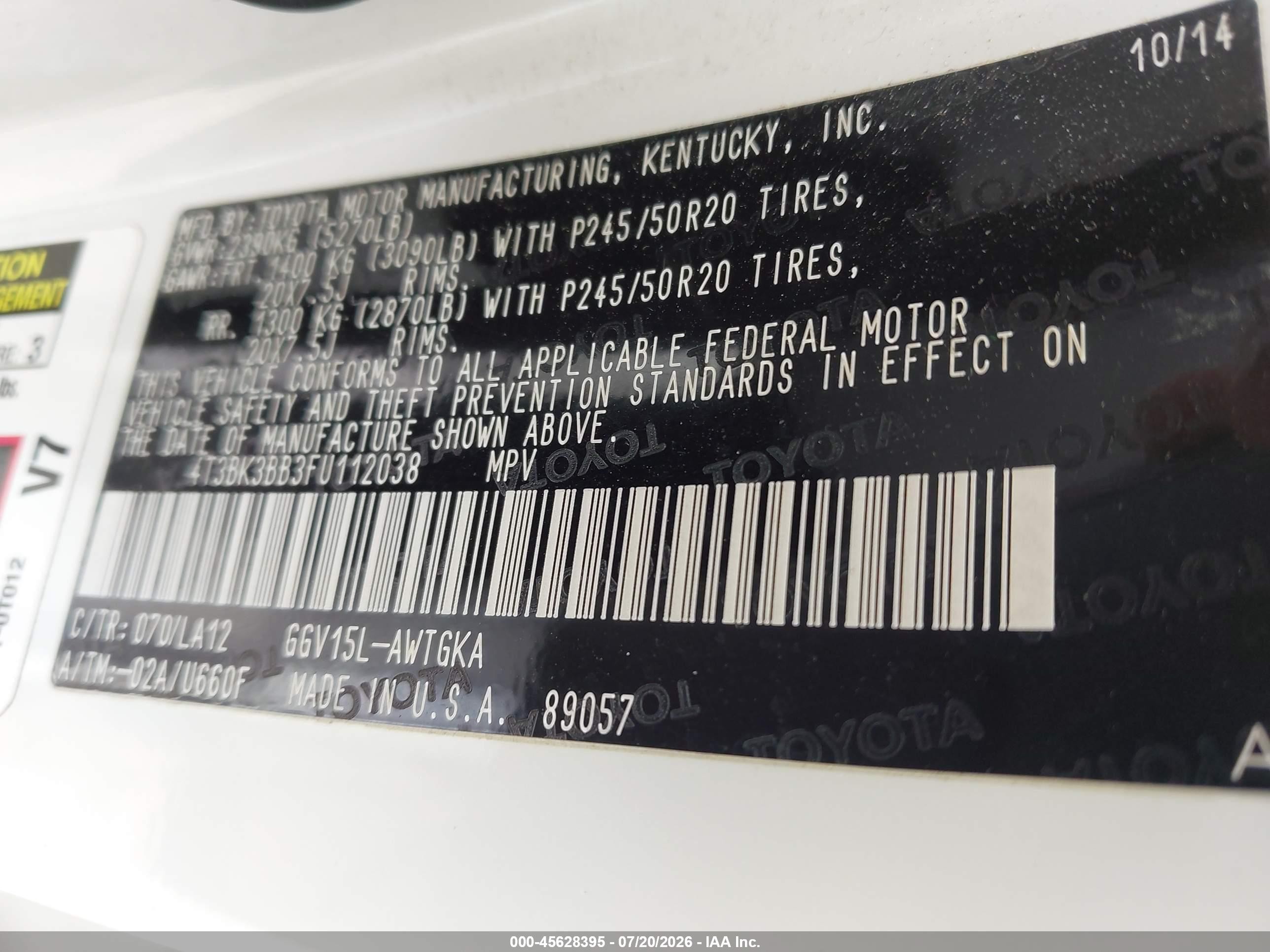 2015 Toyota Venza Xle V6 Белый vin: 4T3BK3BB3FU112038