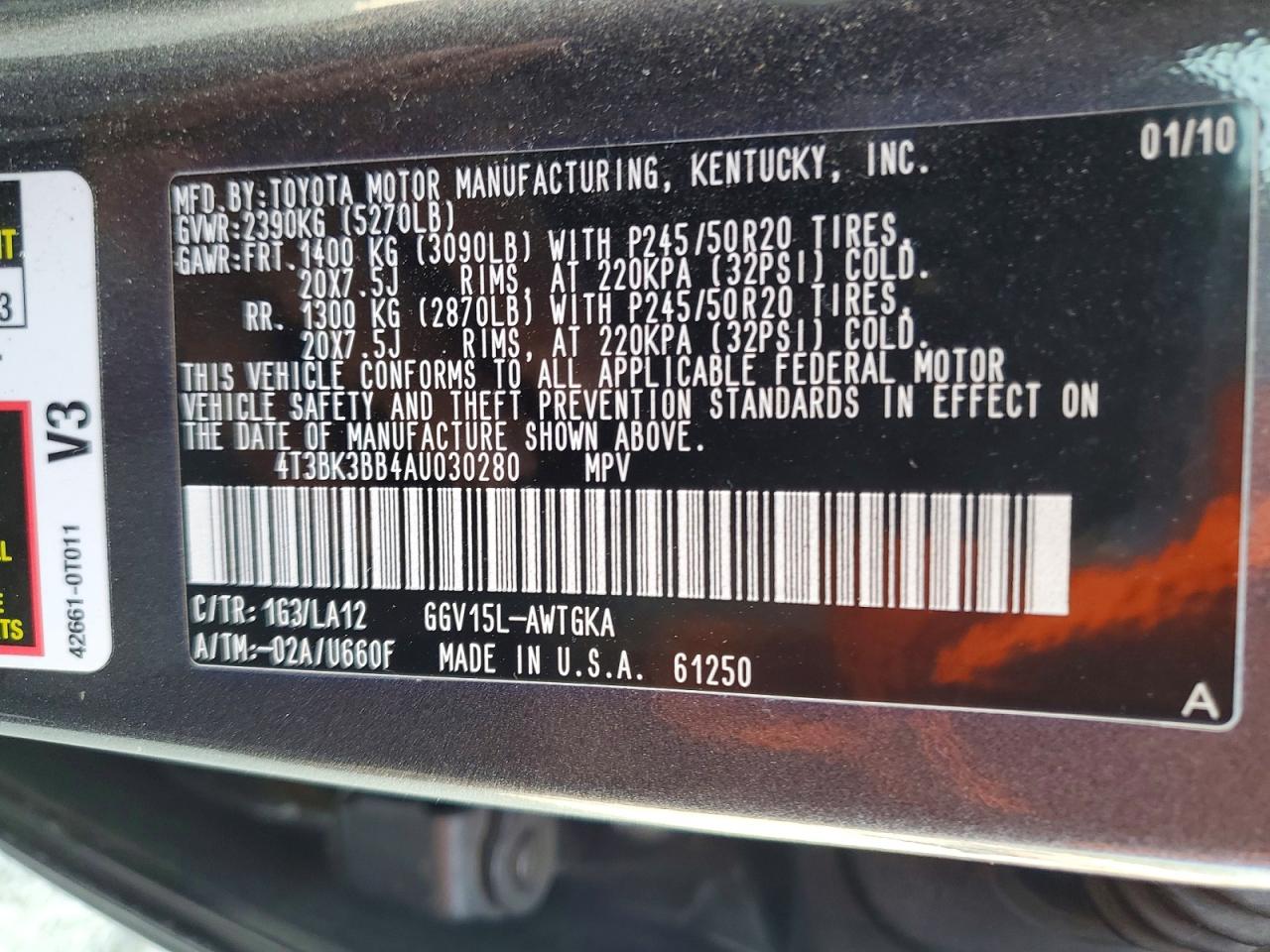 2010 Toyota Venza Awd V6 Black vin: 4T3BK3BB4AU030280