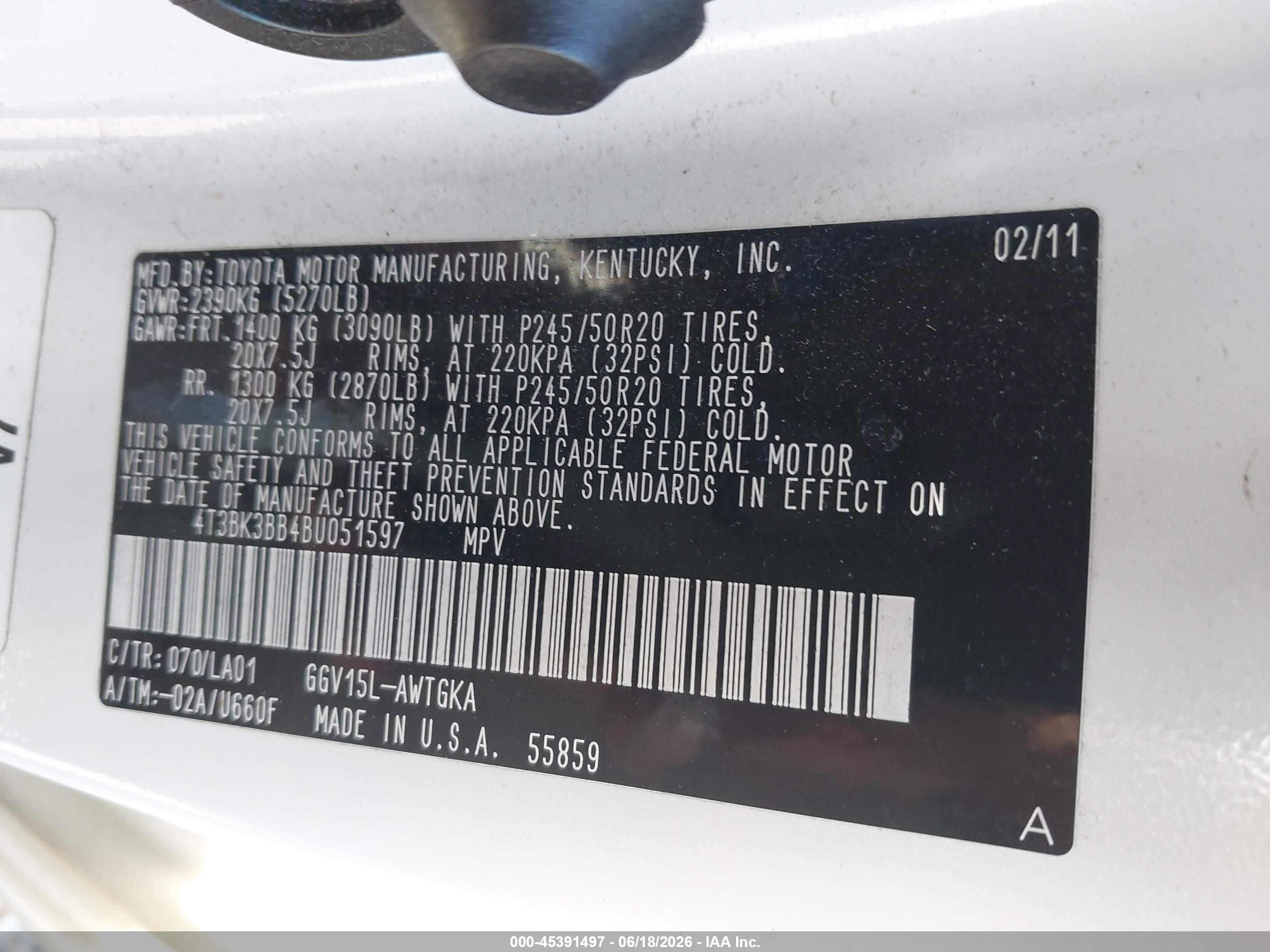 2011 Toyota Venza Base V6 White vin: 4T3BK3BB4BU051597