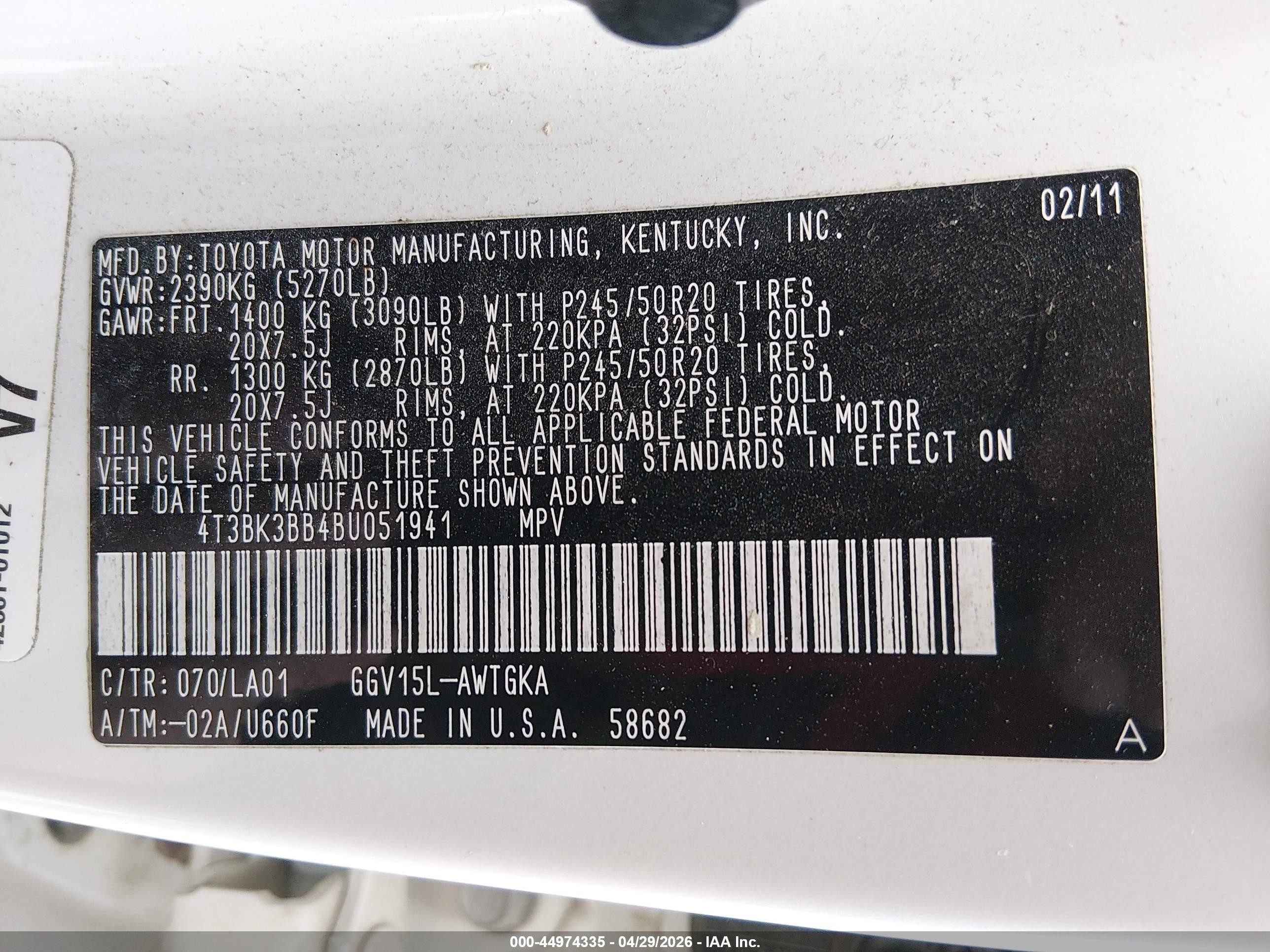 2011 Toyota Venza Base V6 White vin: 4T3BK3BB4BU051941