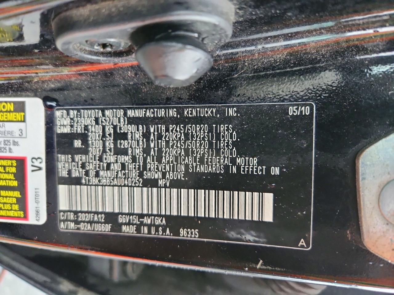 2010 Toyota Venza Awd V6 Черный vin: 4T3BK3BB5AU040252