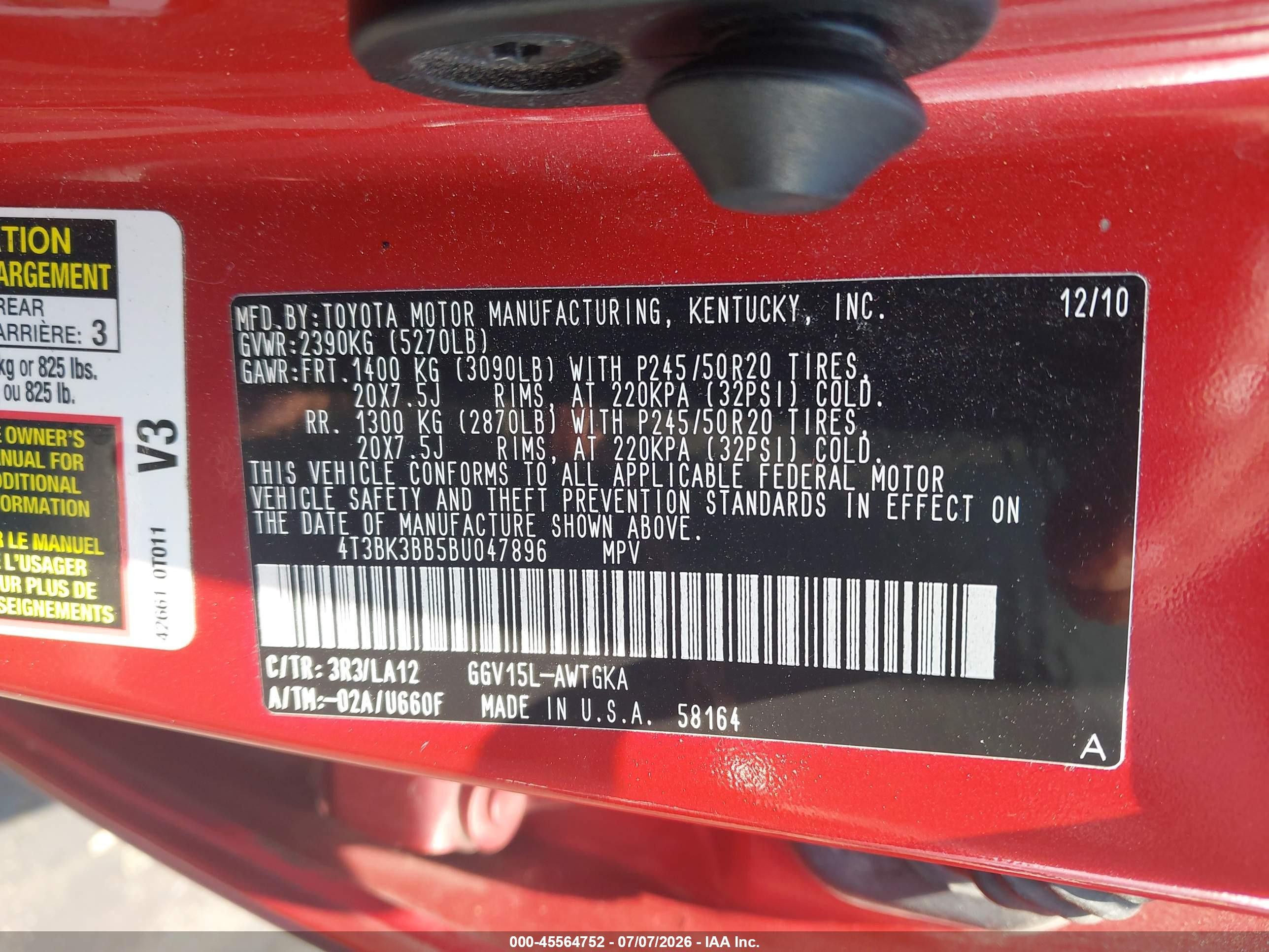 2011 Toyota Venza Base V6 Red vin: 4T3BK3BB5BU047896
