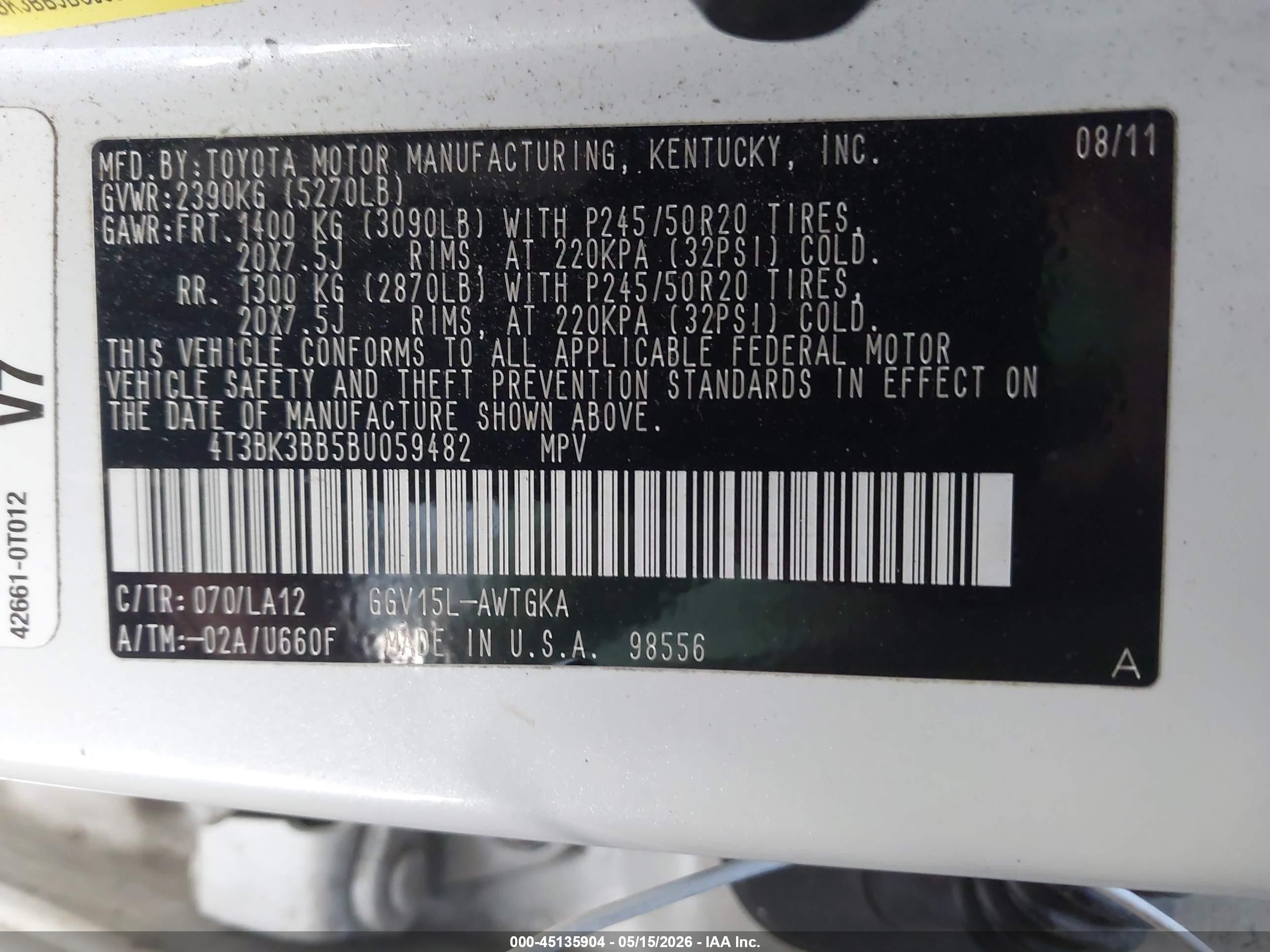 2011 Toyota Venza Base V6 White vin: 4T3BK3BB5BU059482