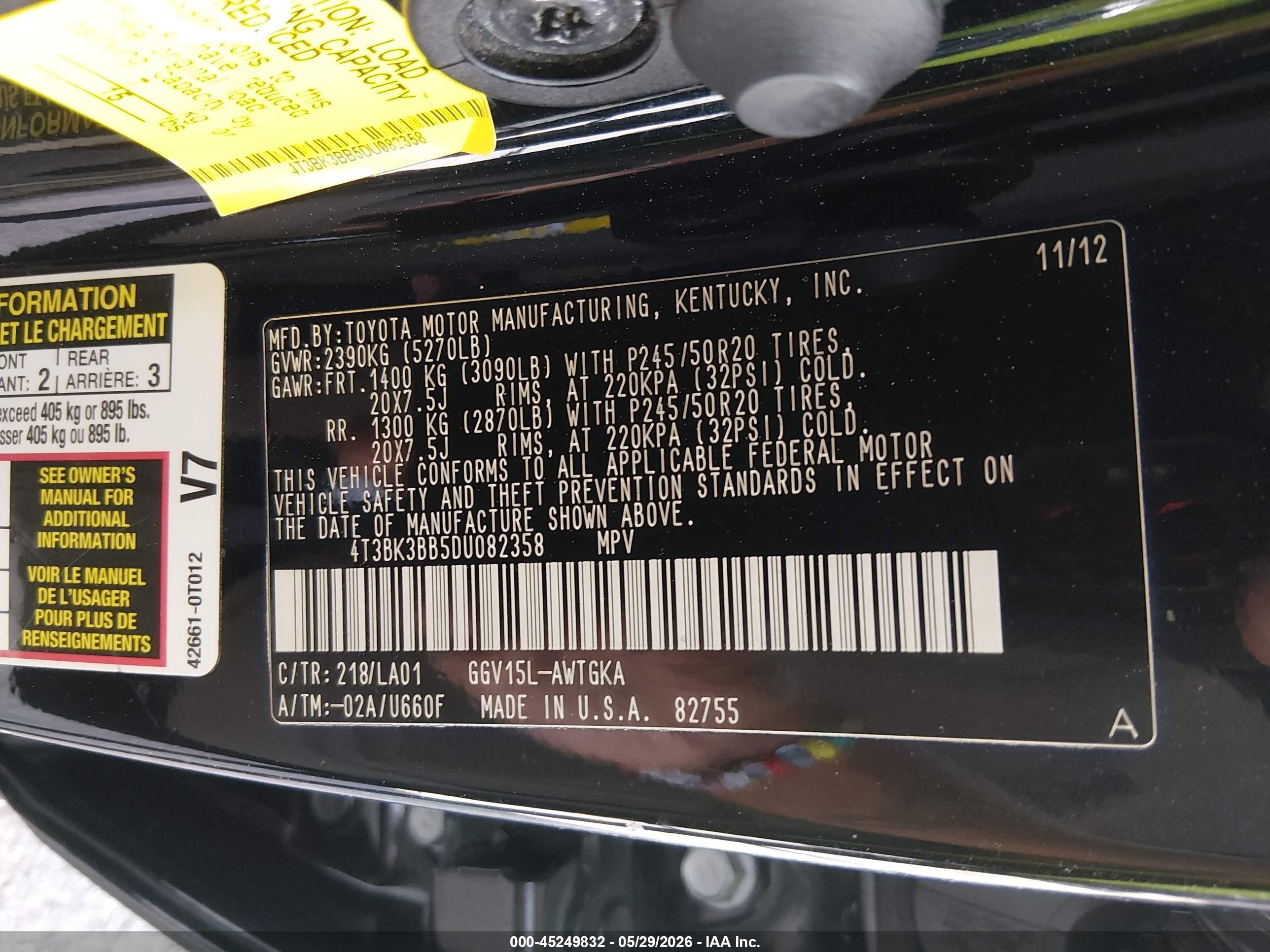 2013 Toyota Venza Xle V6 Black vin: 4T3BK3BB5DU082358