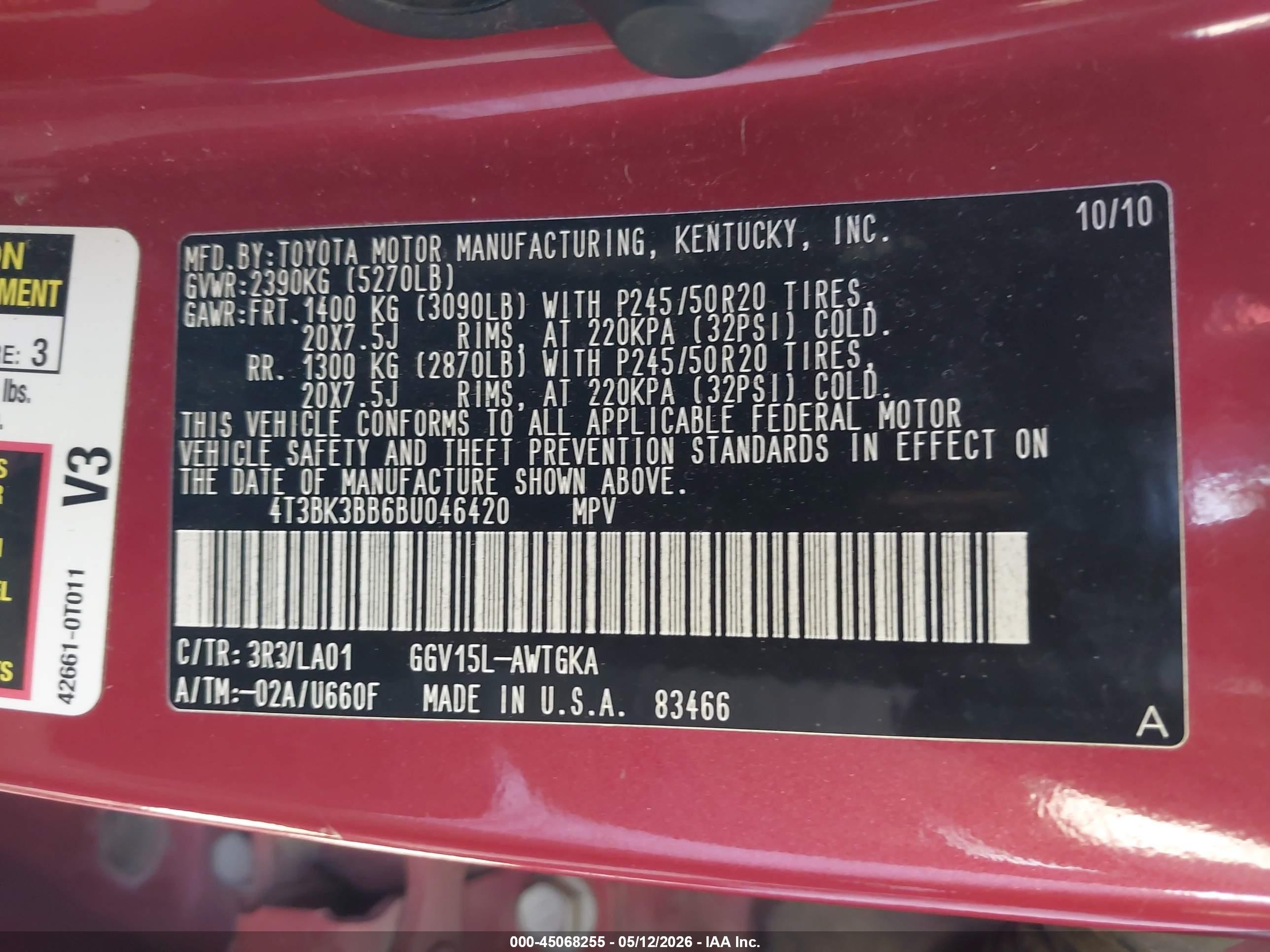 2011 Toyota Venza Base V6 Red vin: 4T3BK3BB6BU046420
