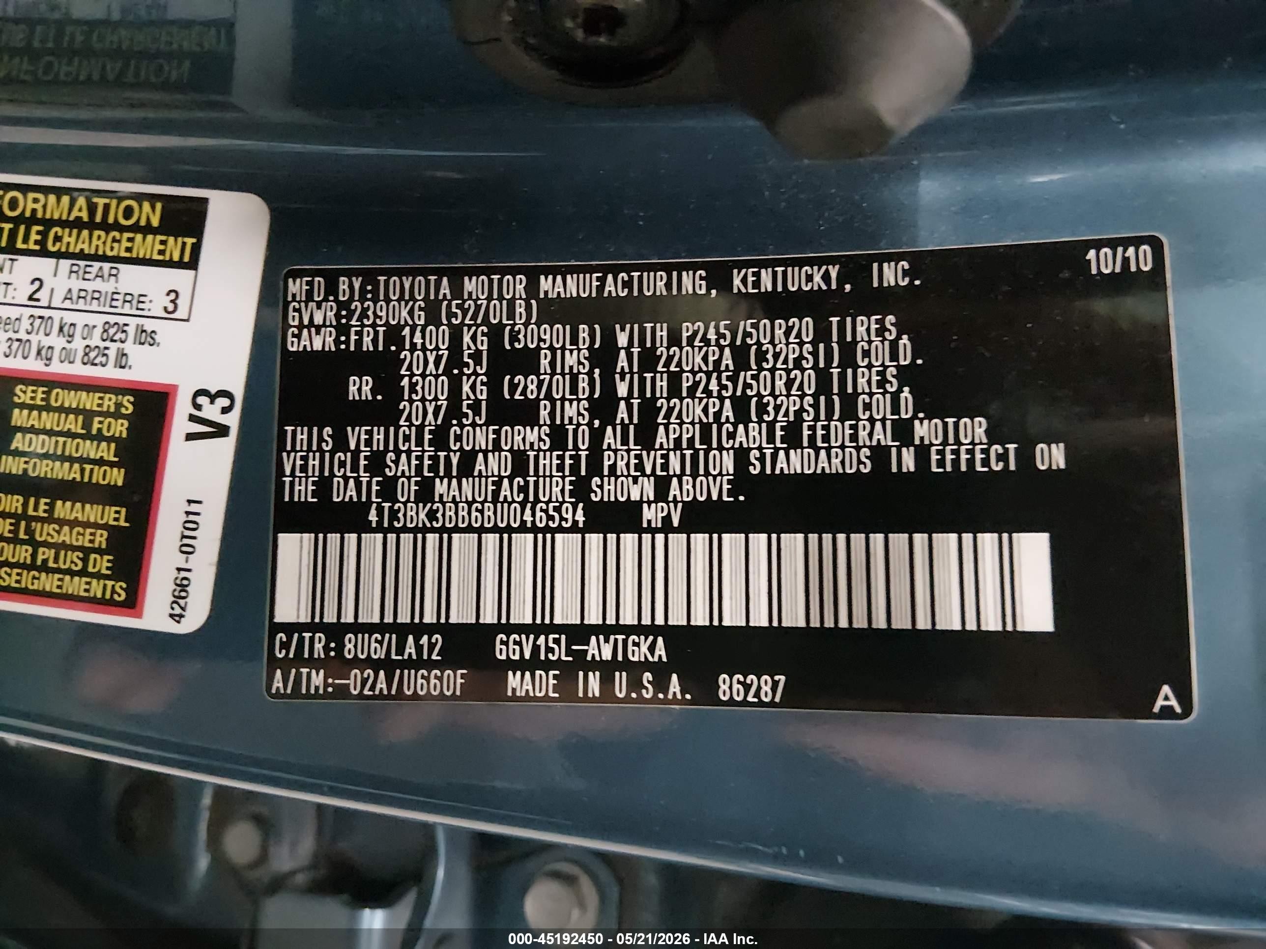 2011 Toyota Venza Base V6 Blue vin: 4T3BK3BB6BU046594