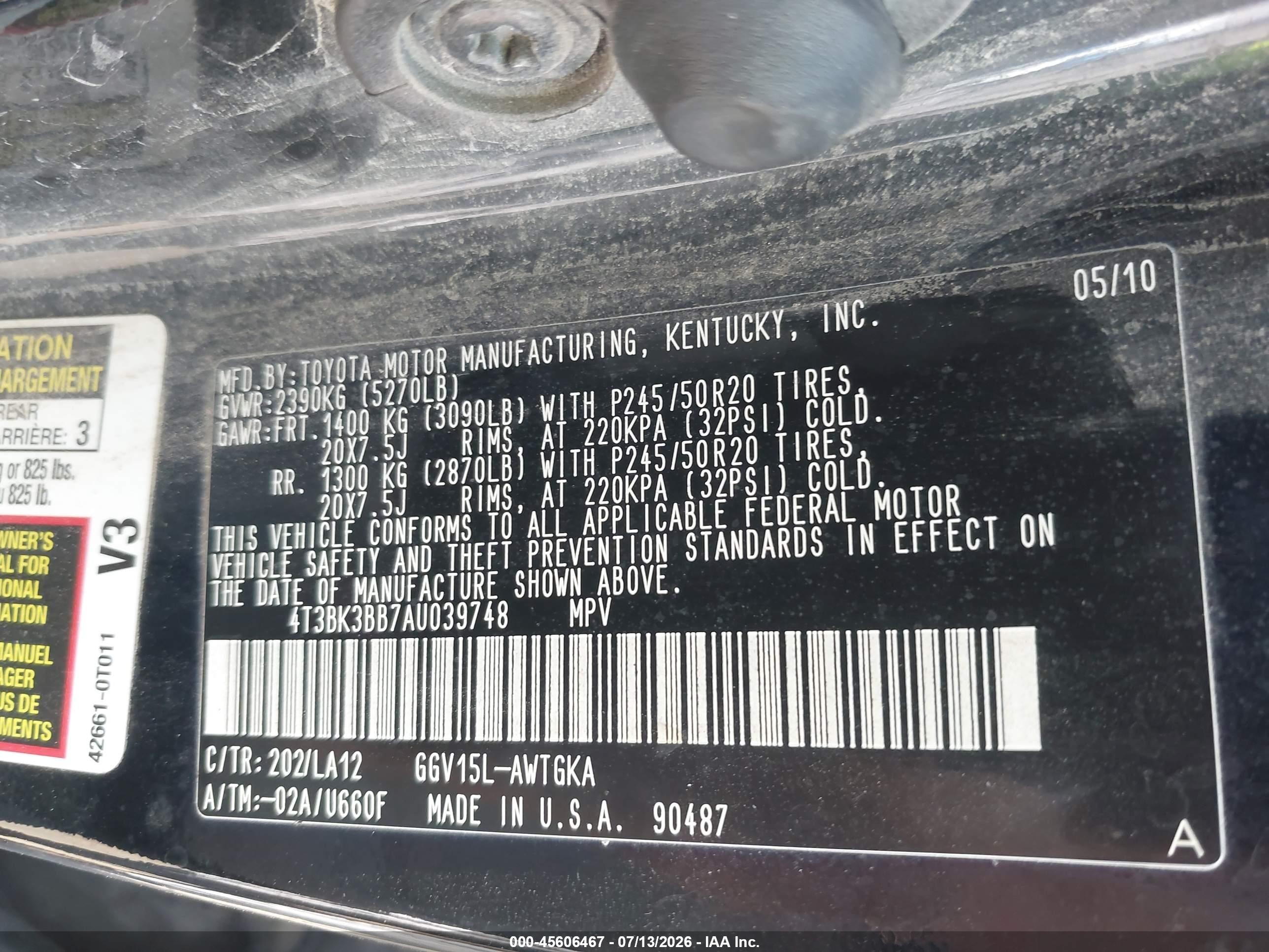 2010 Toyota Venza Base V6 Black vin: 4T3BK3BB7AU039748