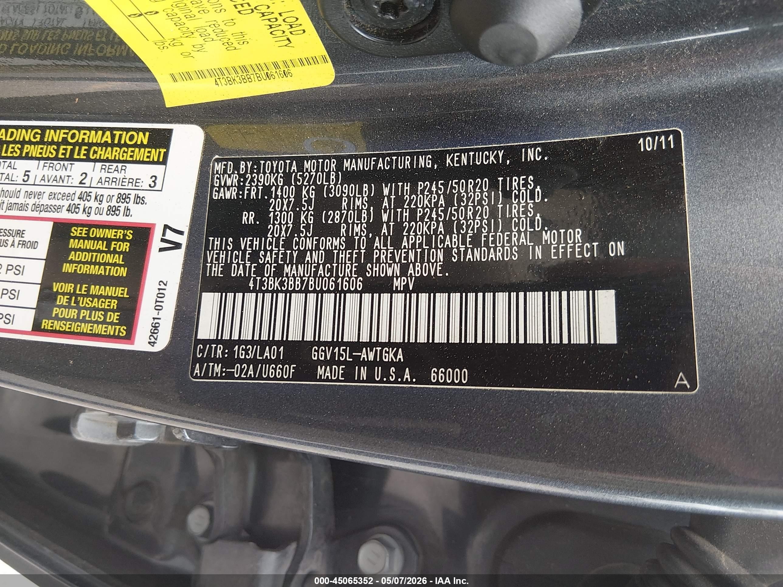2011 Toyota Venza Base V6 Gray vin: 4T3BK3BB7BU061606