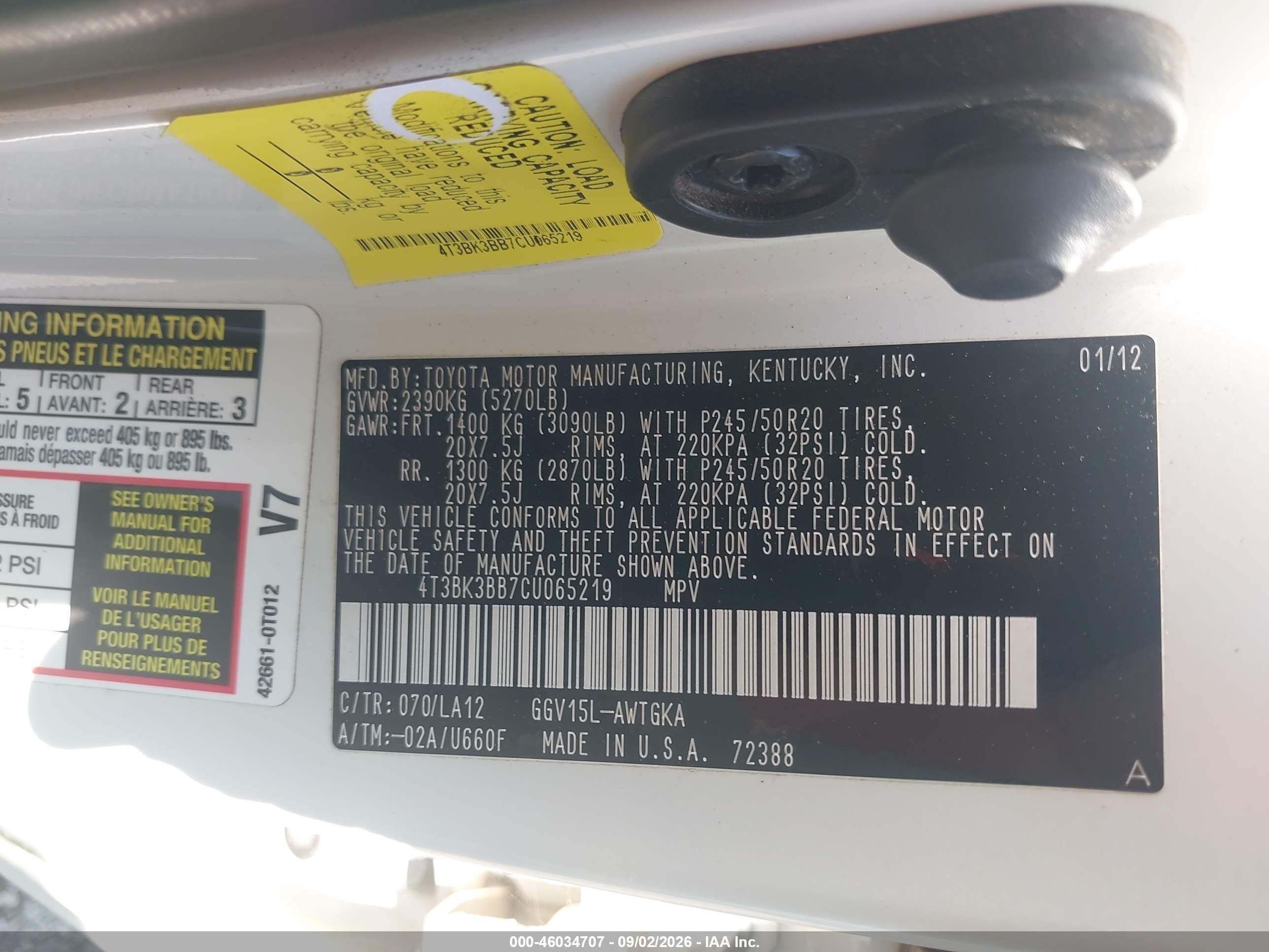 2012 Toyota Venza Limited V6 White vin: 4T3BK3BB7CU065219