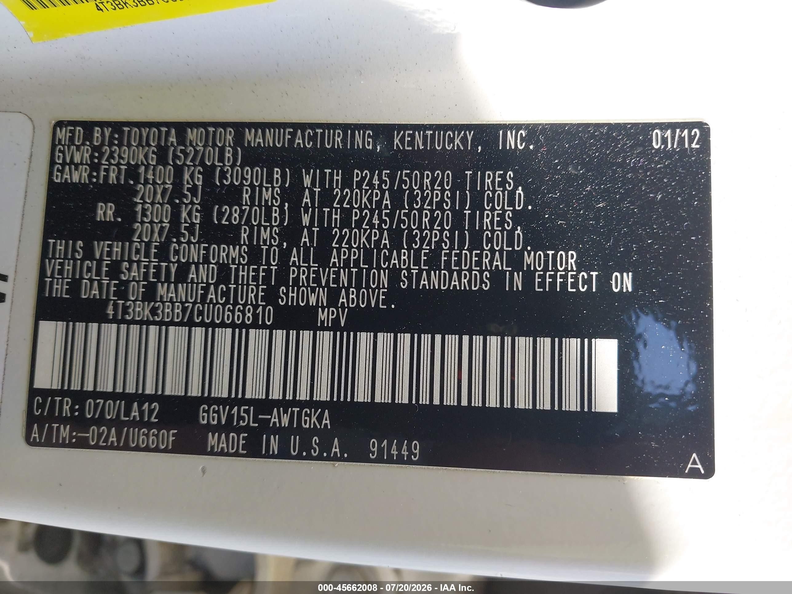 2012 Toyota Venza Xle V6 White vin: 4T3BK3BB7CU066810