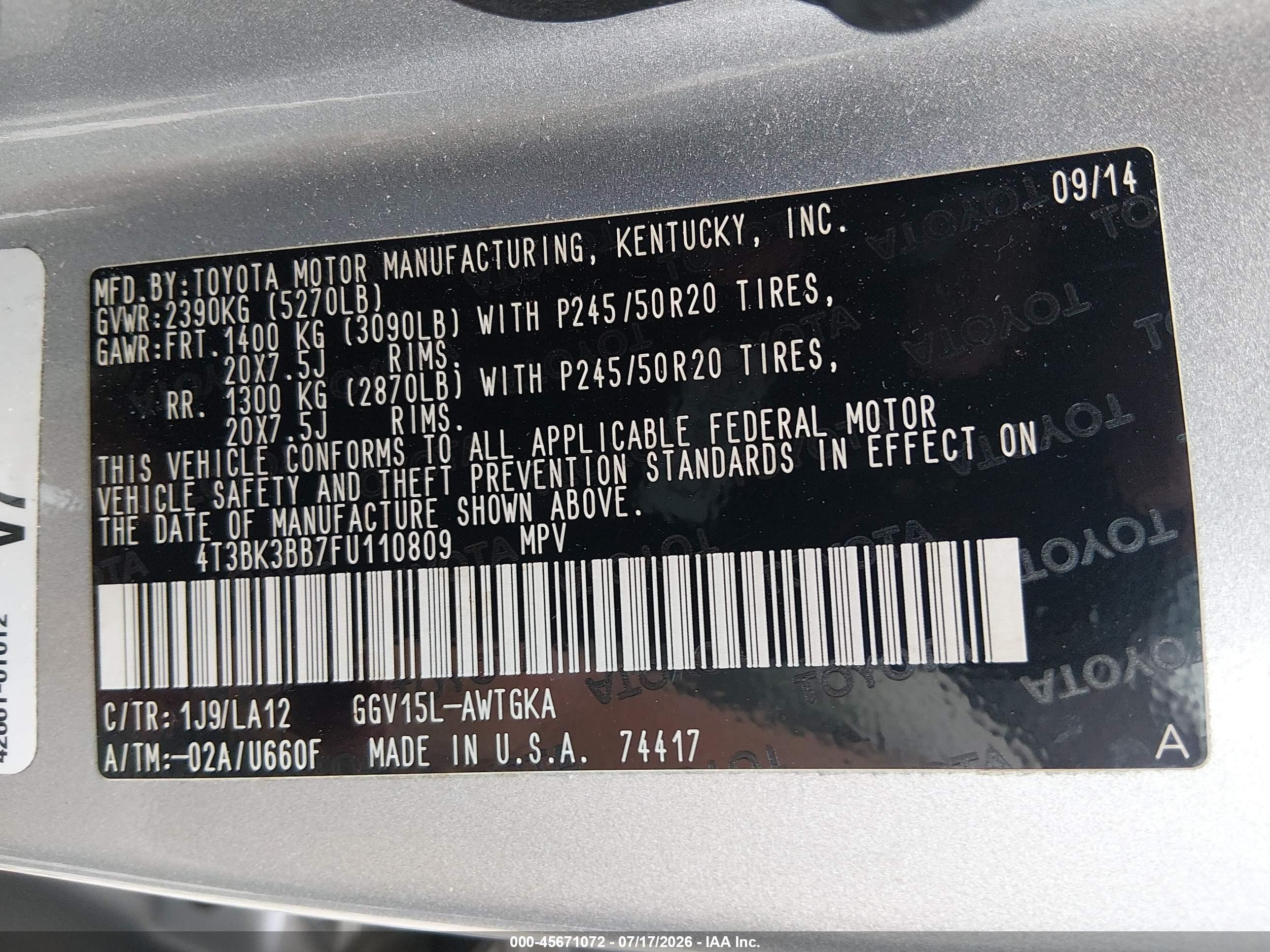 2015 Toyota Venza Limited V6 Silver vin: 4T3BK3BB7FU110809