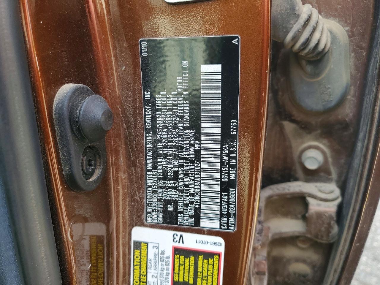 2010 Toyota Venza Awd V6 Orange vin: 4T3BK3BB8AU031027