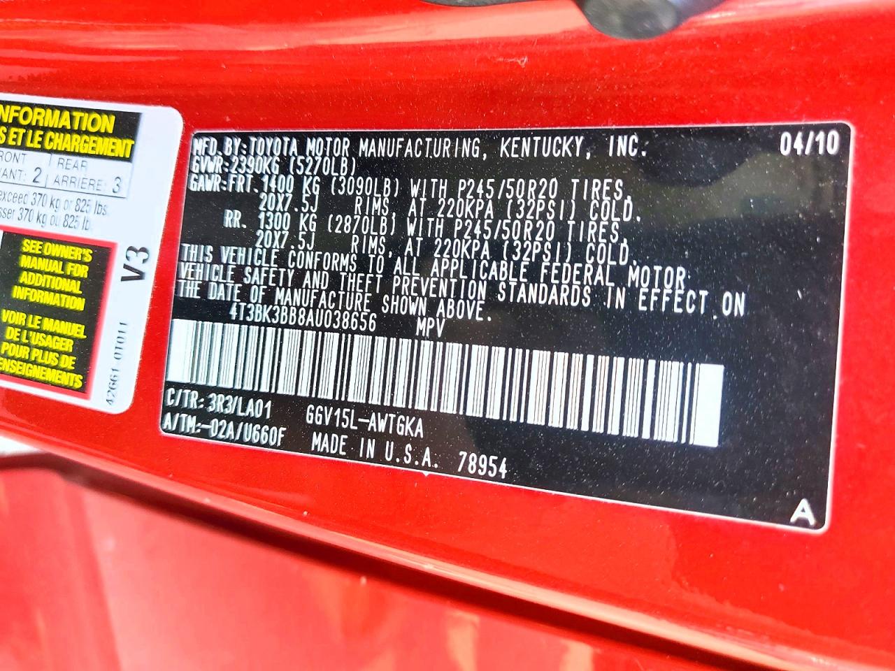 2010 Toyota Venza Awd V6 Red vin: 4T3BK3BB8AU038656