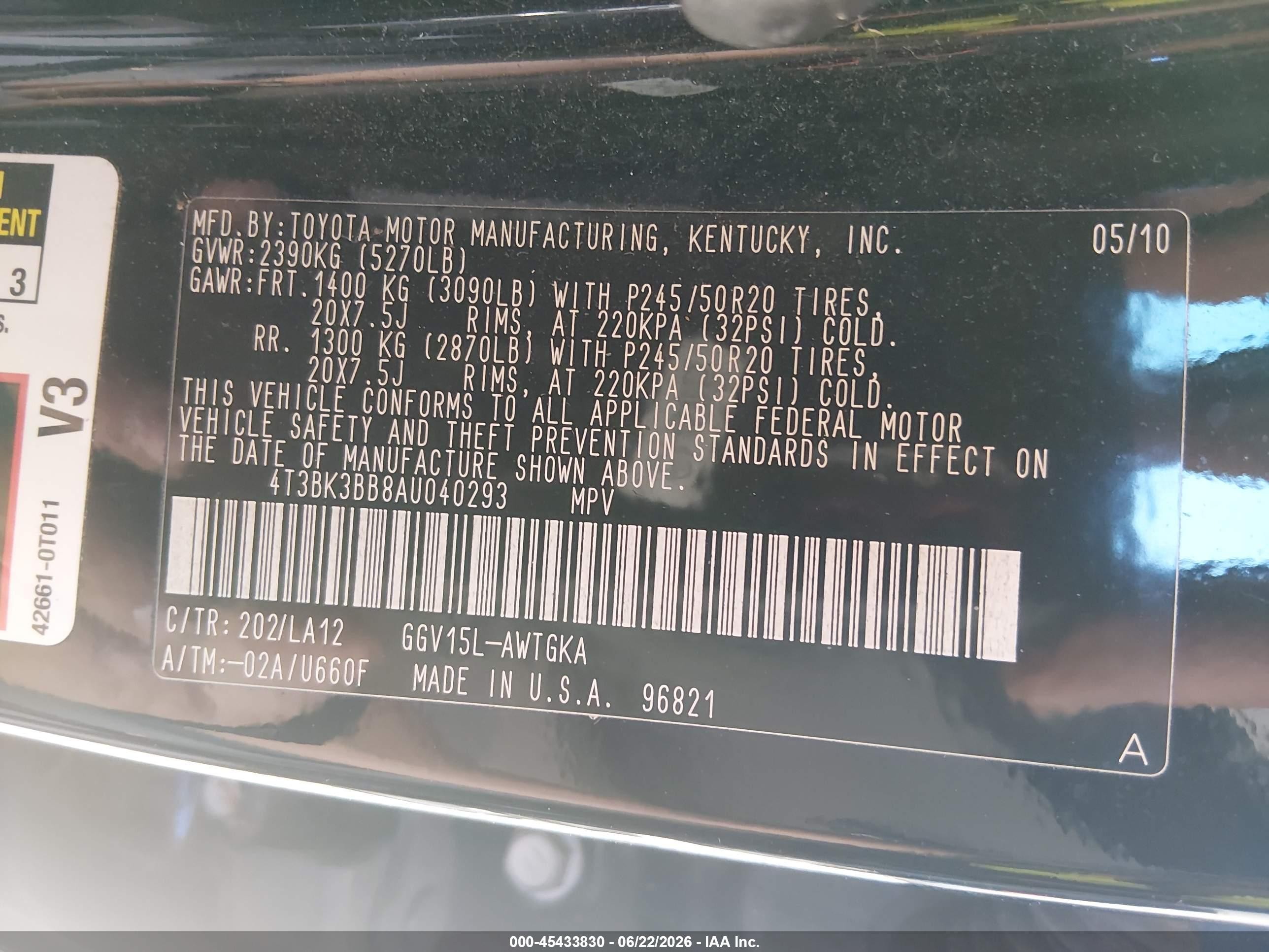 2010 Toyota Venza Base V6 Black vin: 4T3BK3BB8AU040293