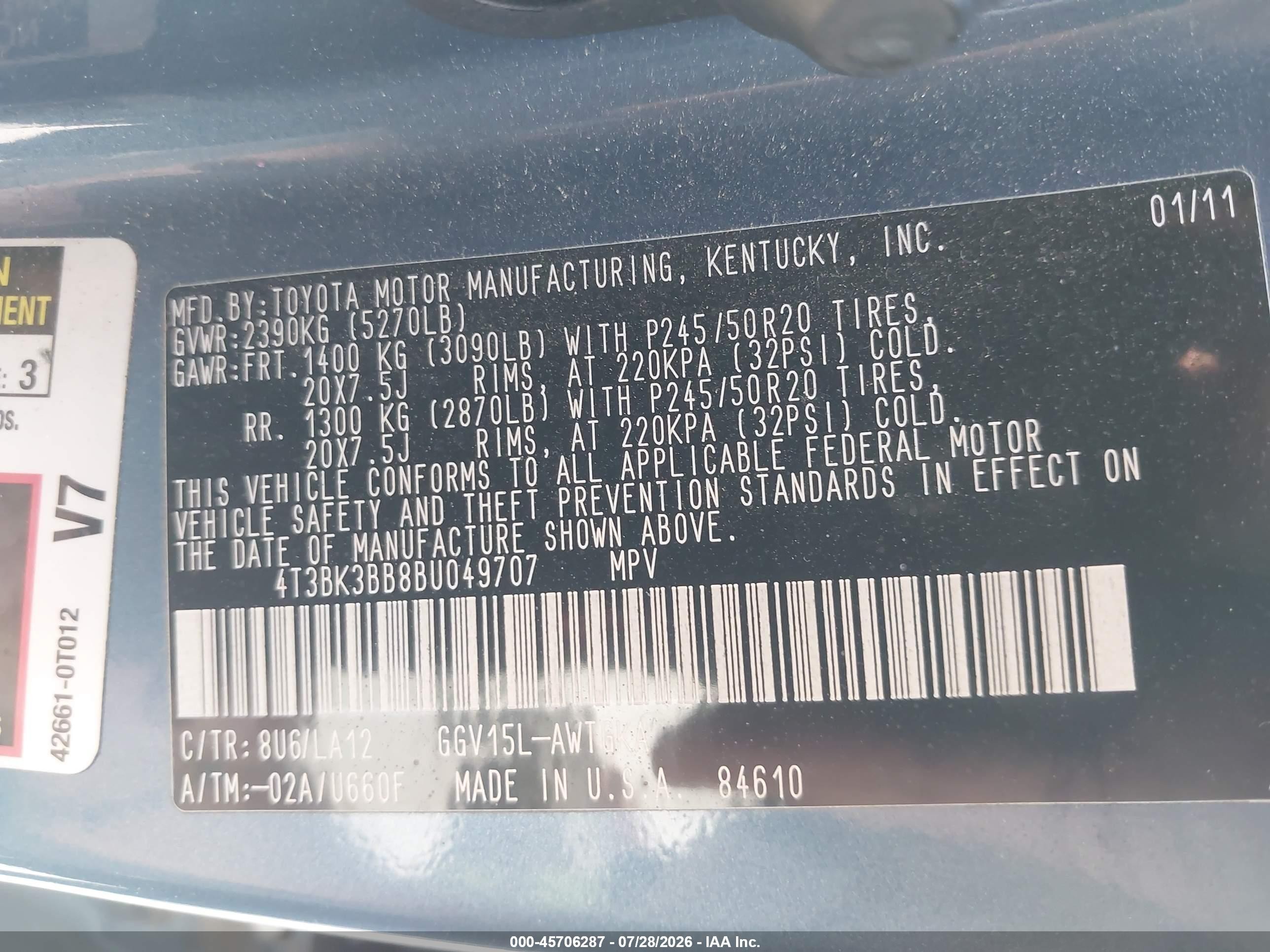 2011 Toyota Venza Base V6 Blue vin: 4T3BK3BB8BU049707