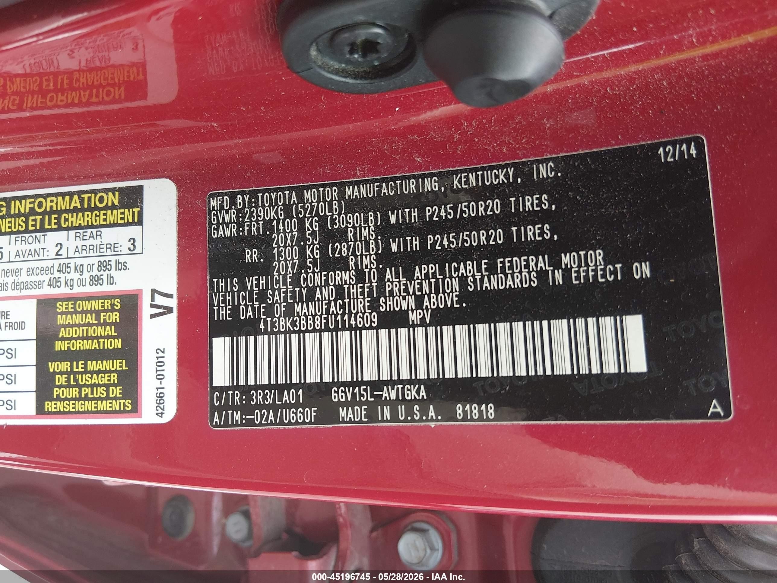 2015 Toyota Venza Xle V6 Red vin: 4T3BK3BB8FU114609
