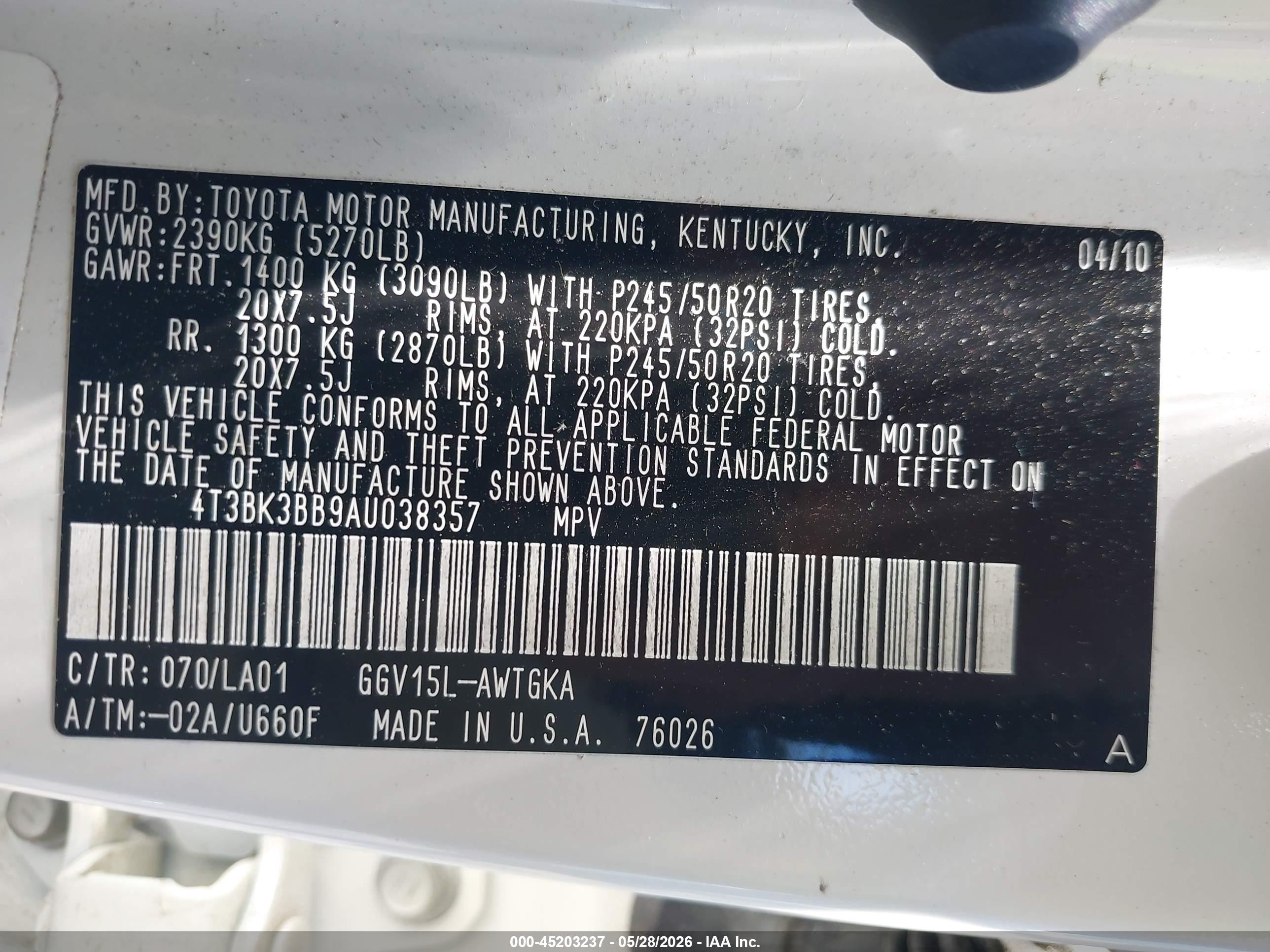 2010 Toyota Venza Base V6 White vin: 4T3BK3BB9AU038357
