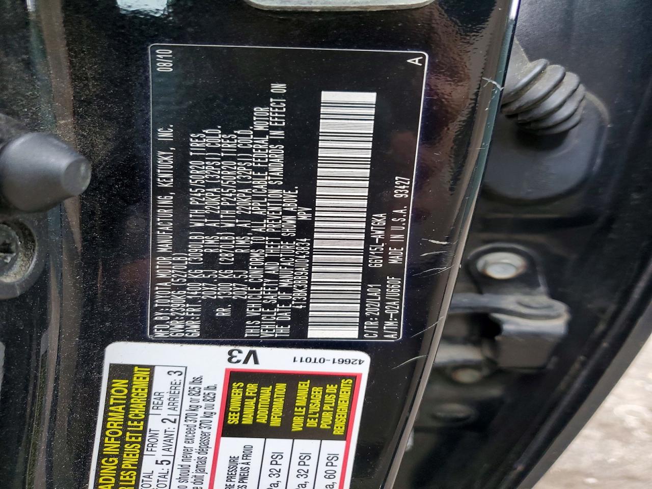 2010 Toyota Venza Awd V6 Black vin: 4T3BK3BB9AU043834