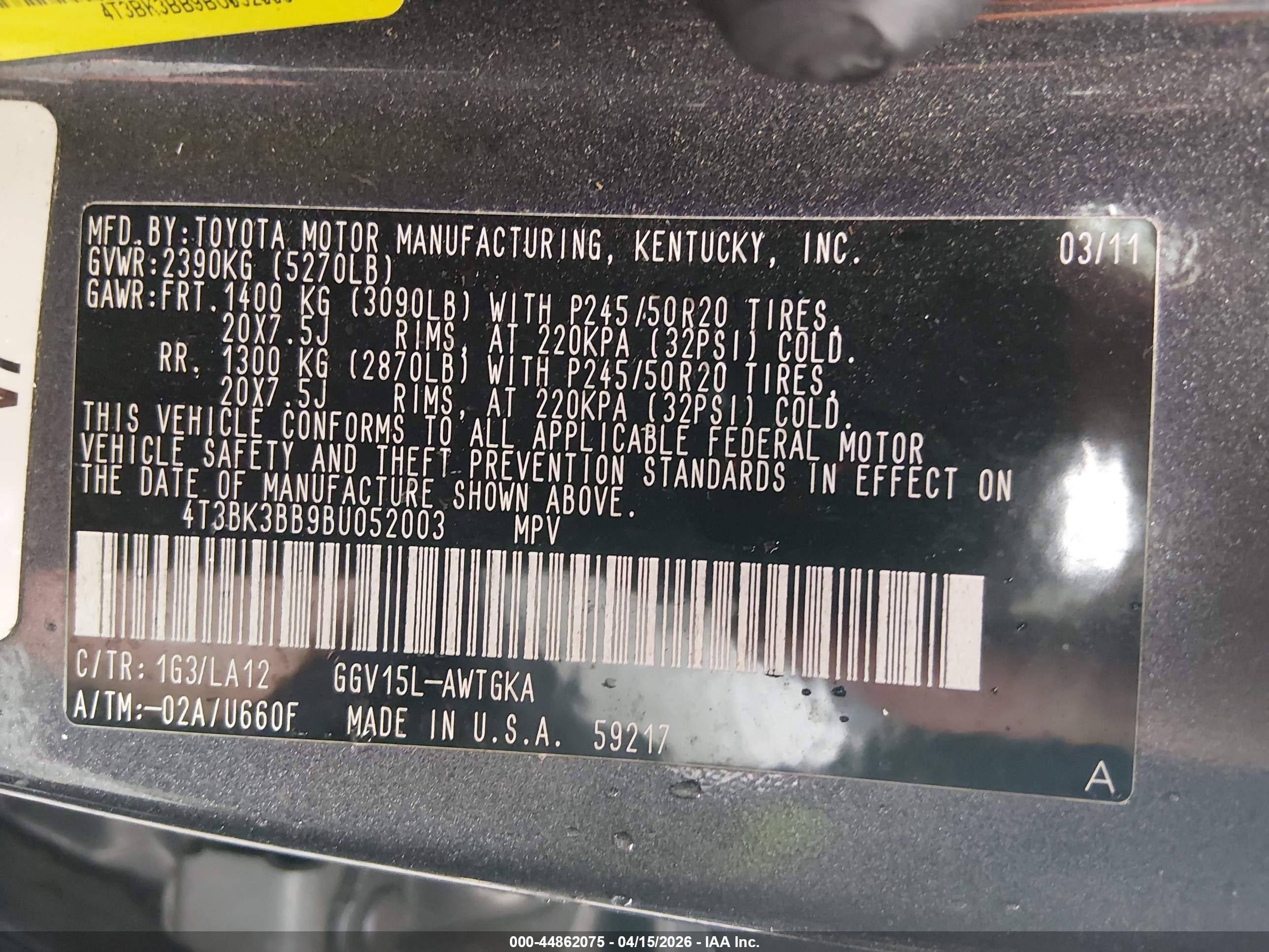 2011 Toyota Venza Base V6 Gray vin: 4T3BK3BB9BU052003
