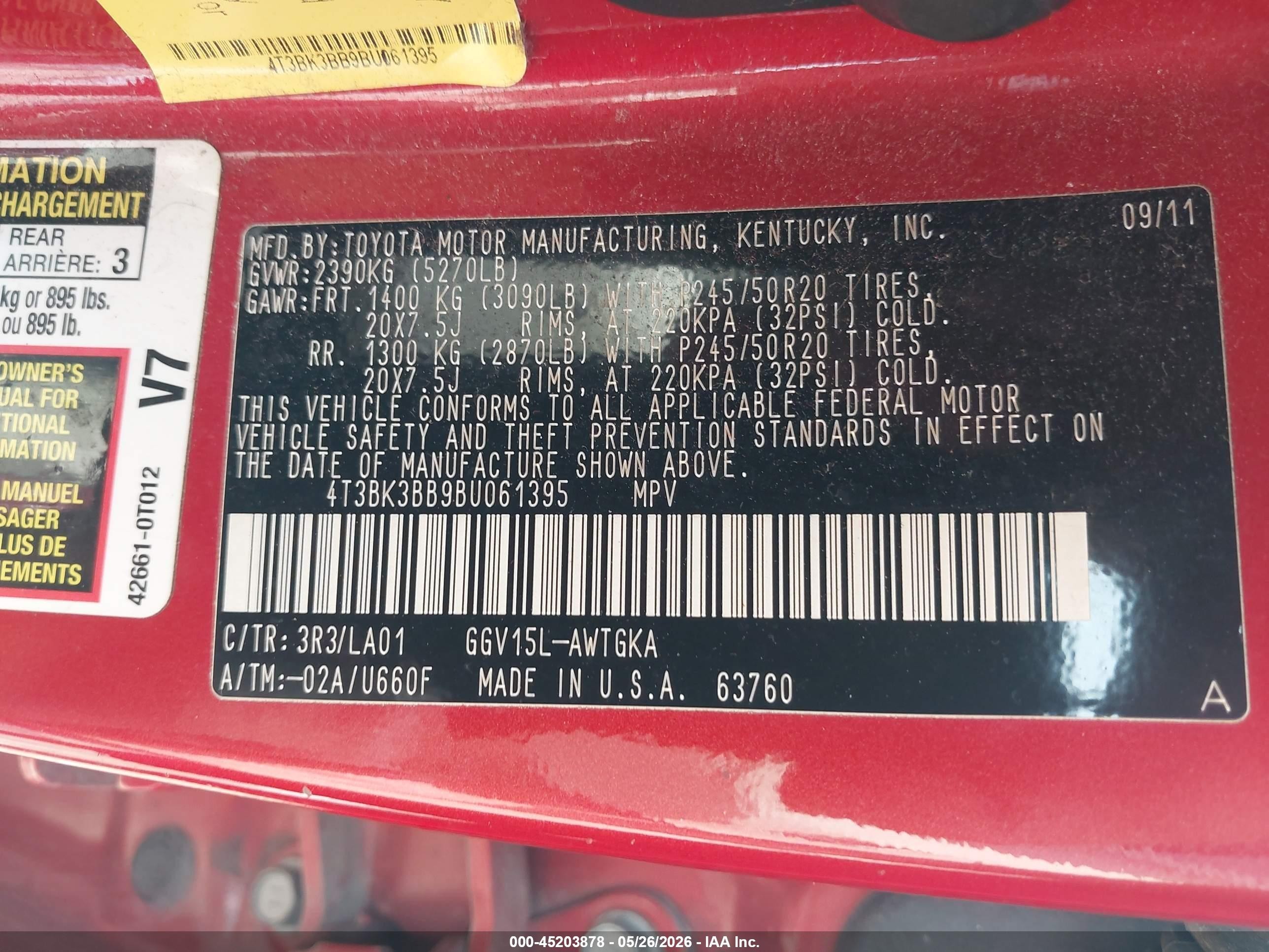2011 Toyota Venza Base V6 Red vin: 4T3BK3BB9BU061395