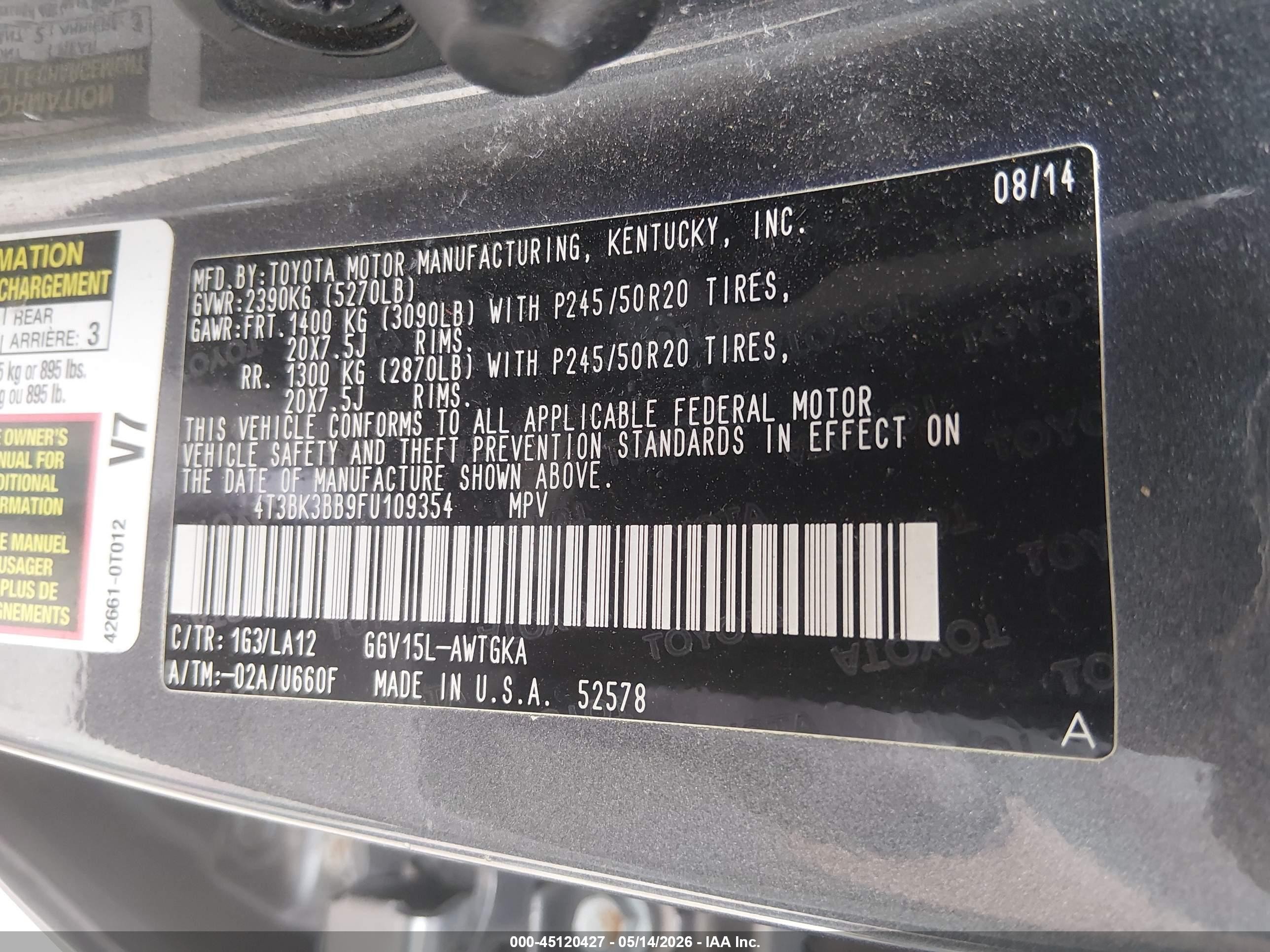 2015 Toyota Venza Xle V6 Gray vin: 4T3BK3BB9FU109354