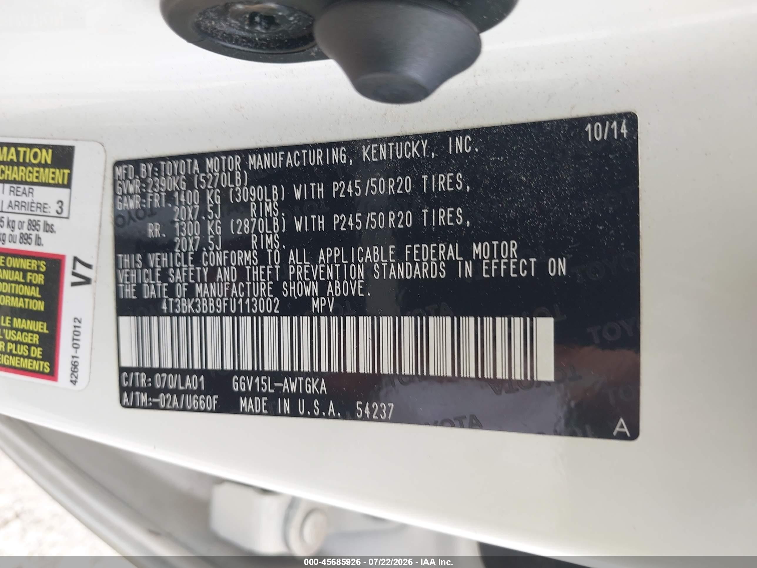 2015 Toyota Venza Limited V6 White vin: 4T3BK3BB9FU113002