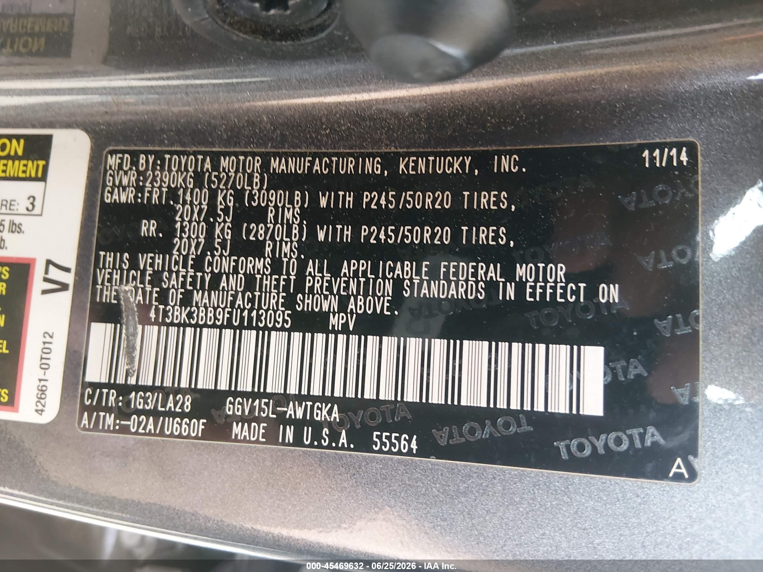 2015 Toyota Venza Xle V6 Gray vin: 4T3BK3BB9FU113095
