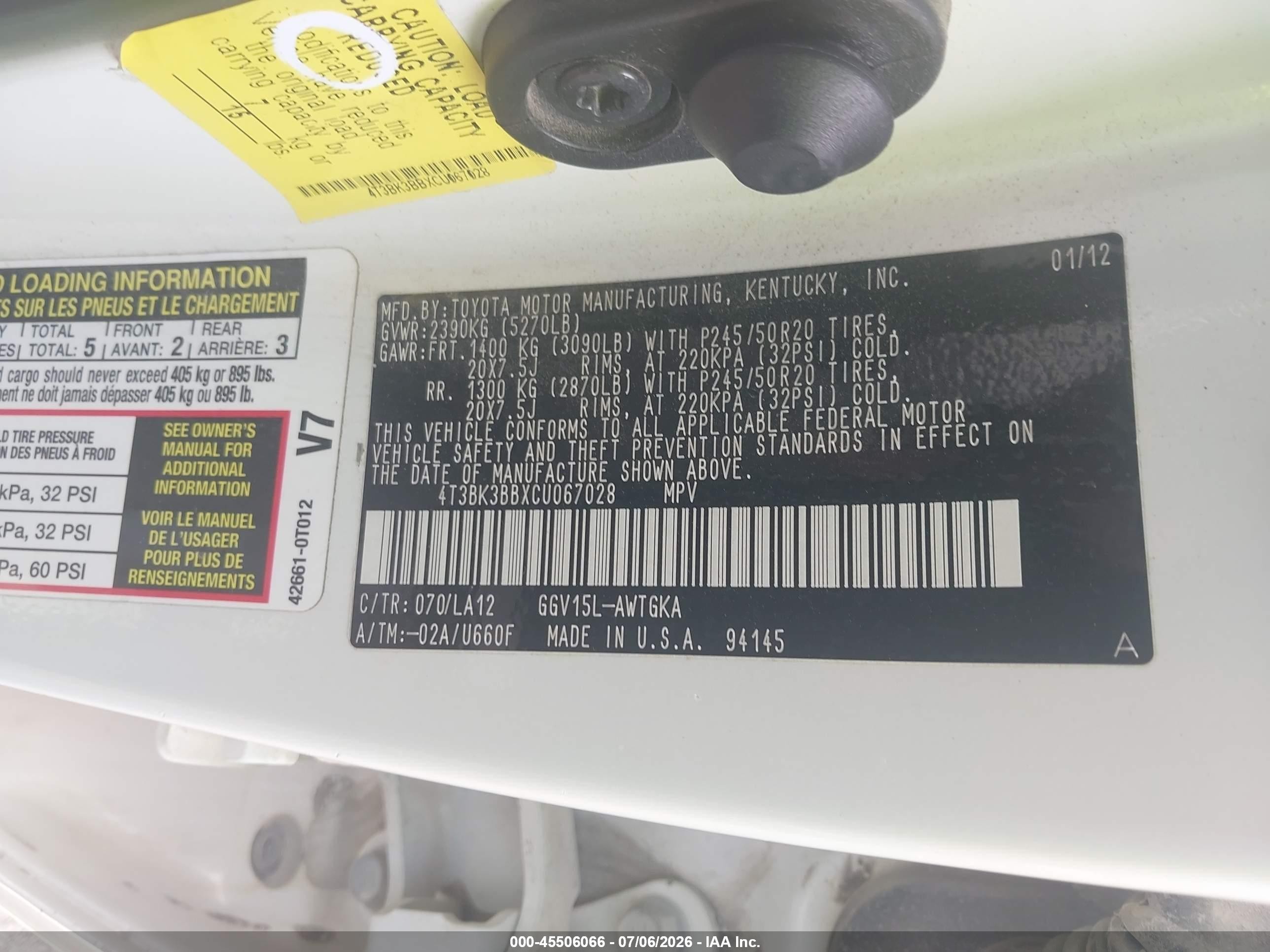 2012 Toyota Venza Limited V6 White vin: 4T3BK3BBXCU067028