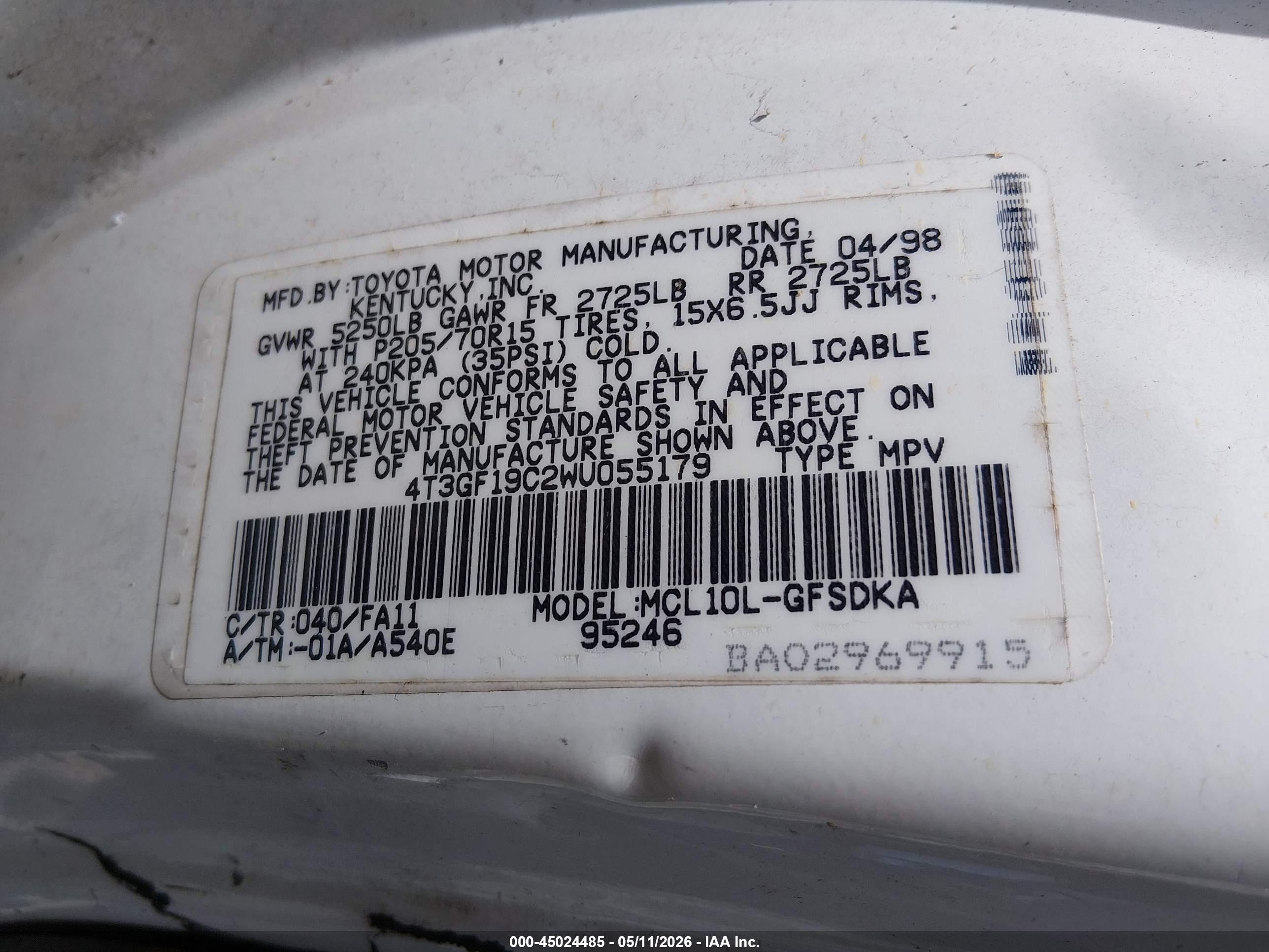 1998 Toyota Sienna Ce White vin: 4T3GF19C2WU055179