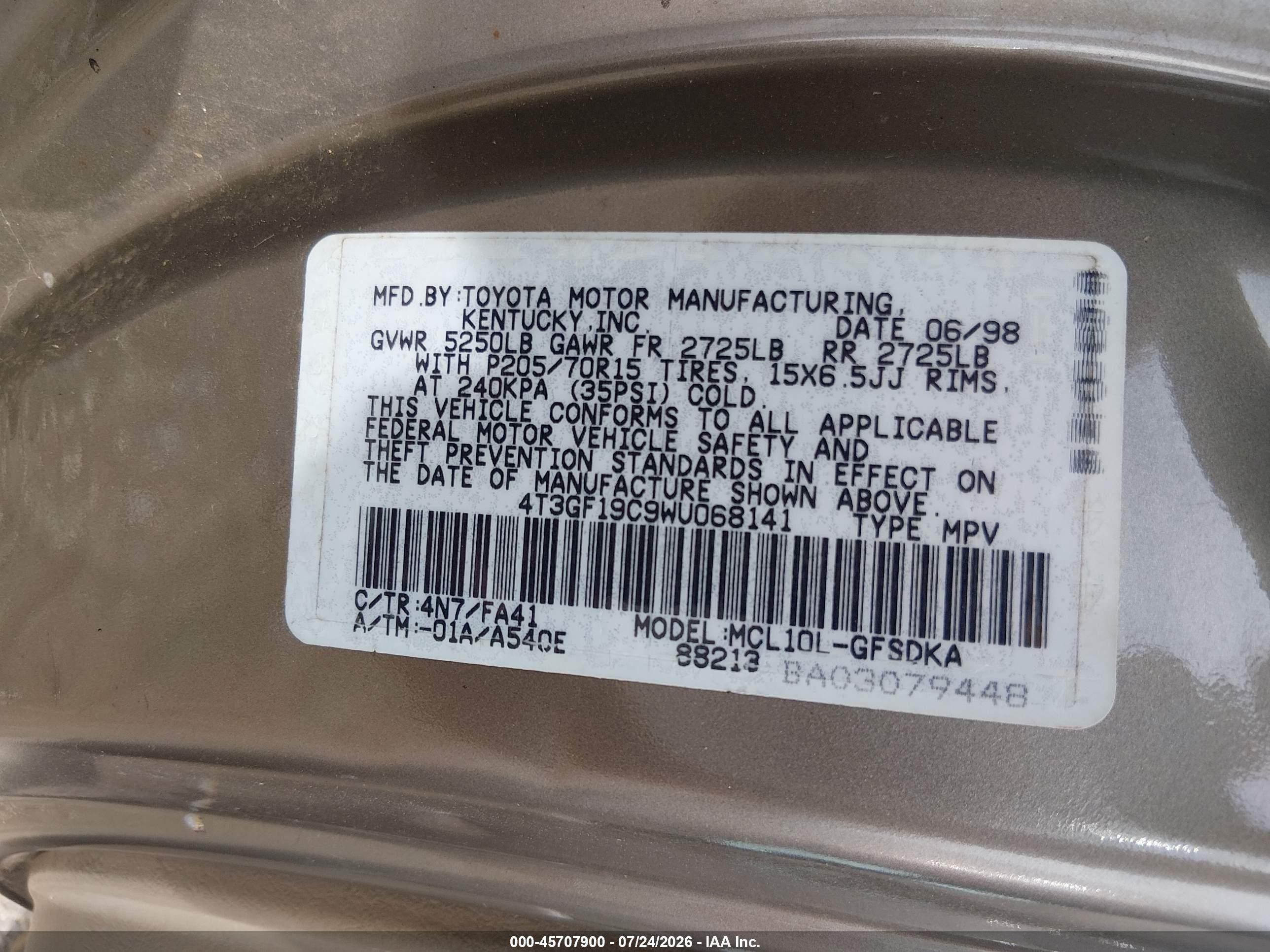 1998 Toyota Sienna Ce Gray vin: 4T3GF19C9WU068141