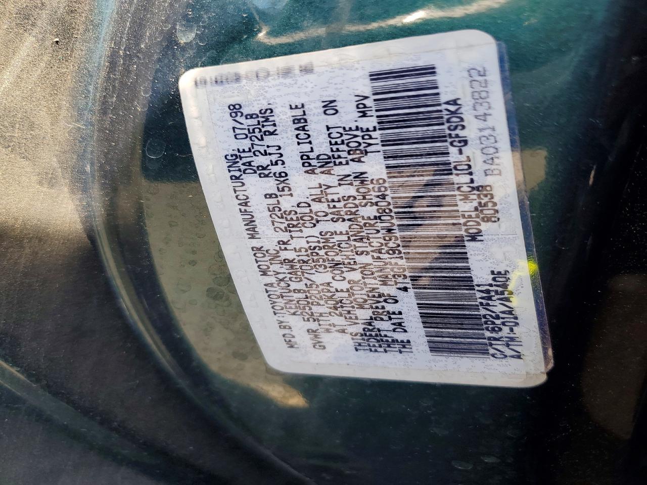 1998 Toyota Sienna Ce Green vin: 4T3GF19C9WU080466